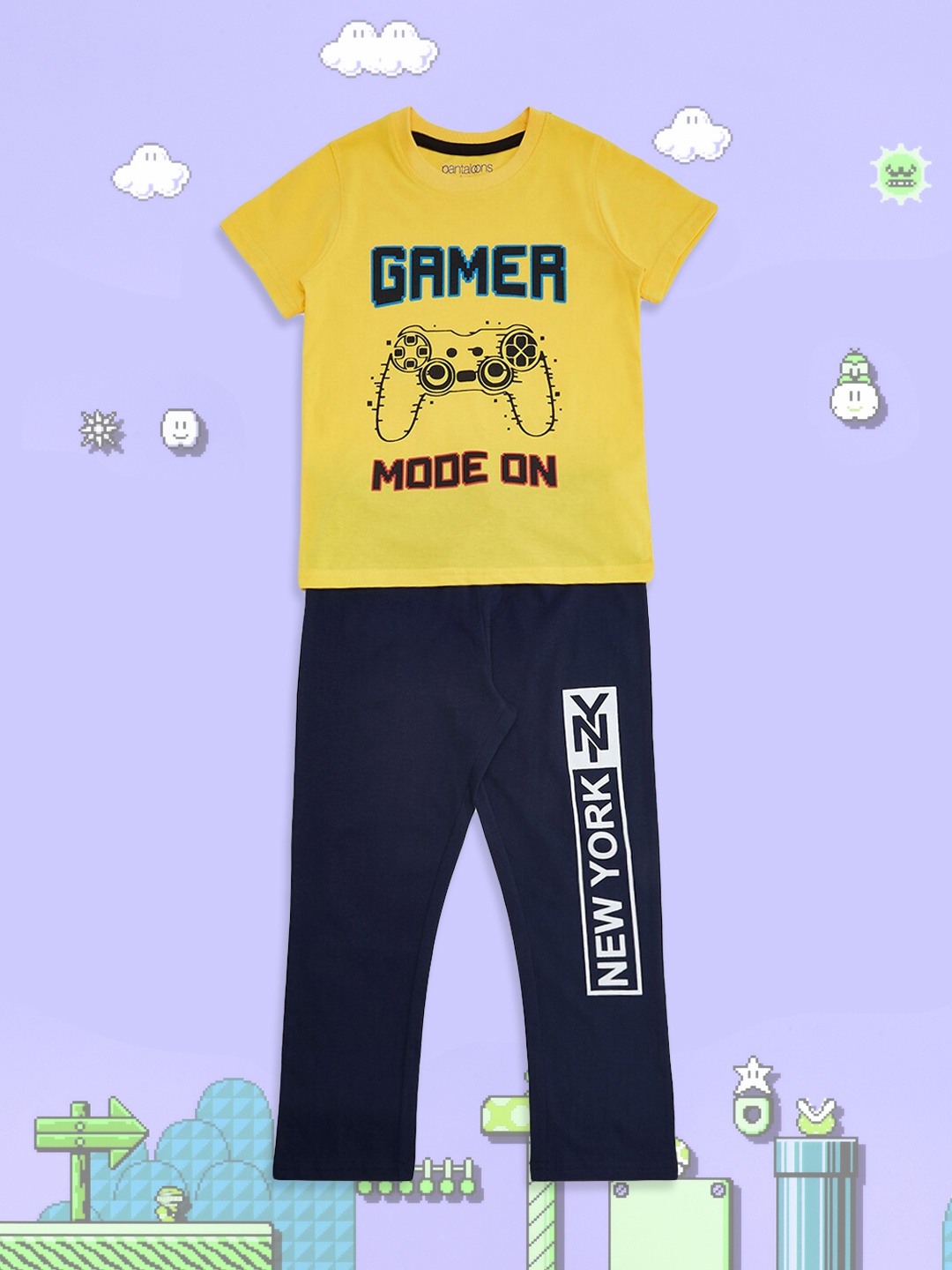 

Pantaloons Junior Boys Yellow & Navy Blue Printed Night suit