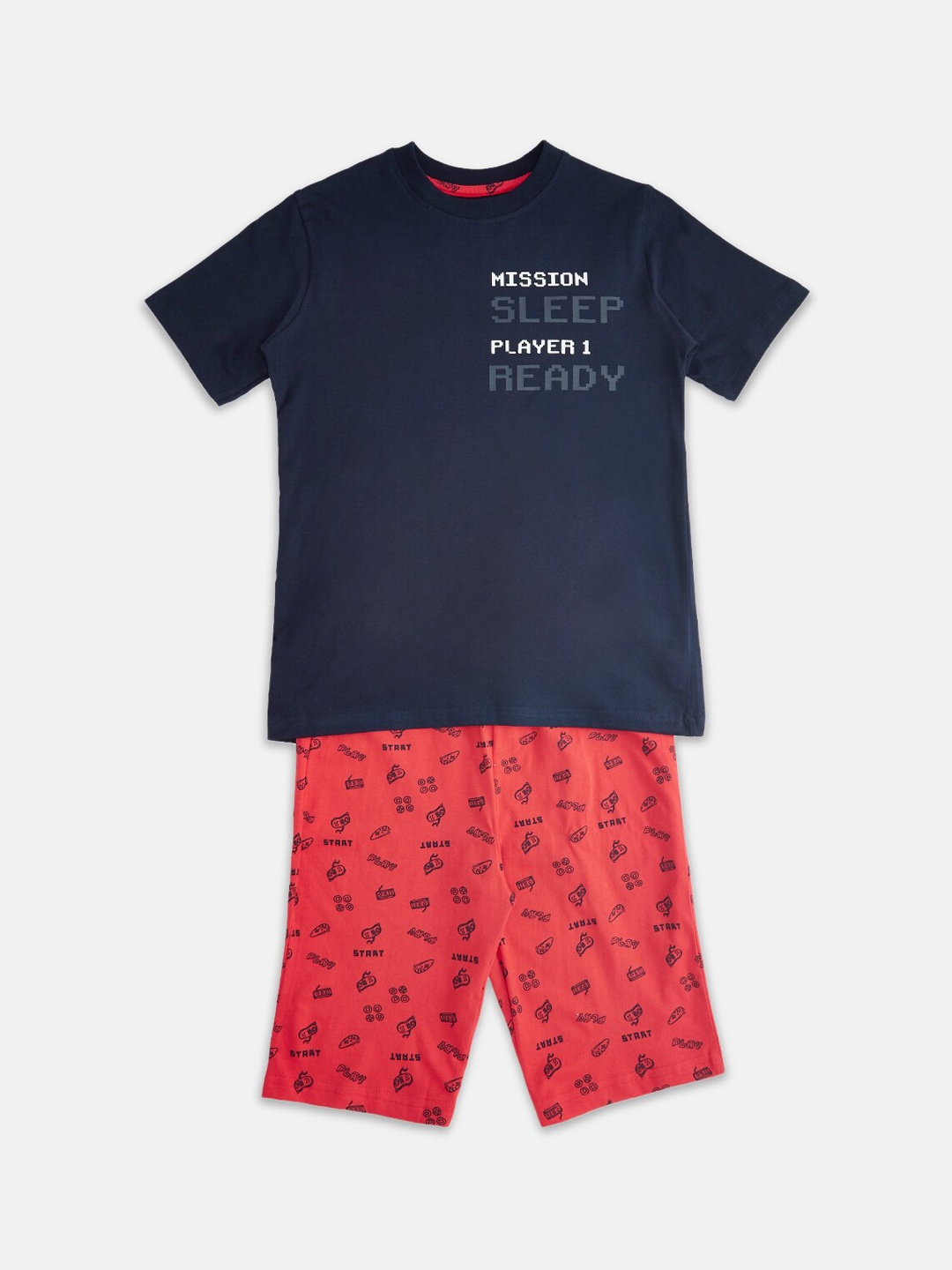 

Pantaloons Junior Boys Navy Blue & Red Printed Cotton Night suit