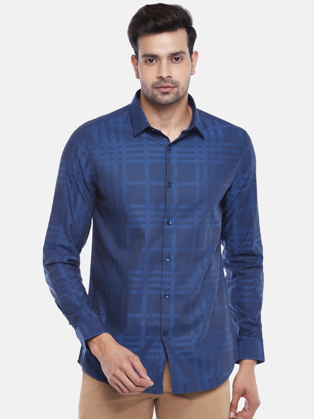 

BYFORD by Pantaloons Men Blue Slim Fit Checked Pure Cotton Shirt