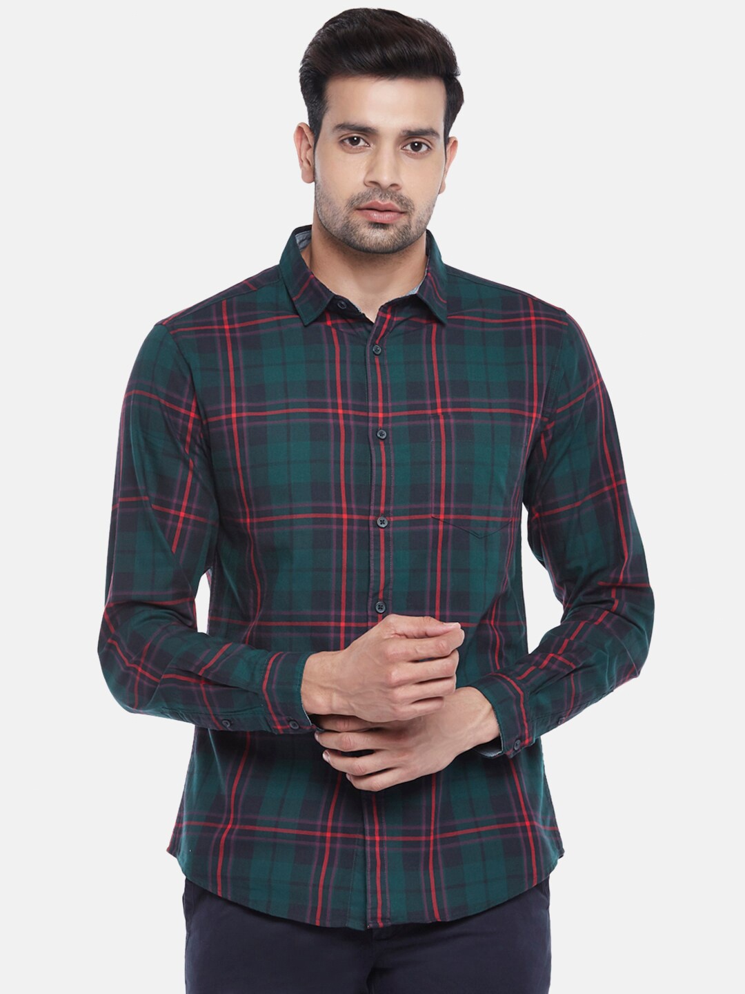 

BYFORD by Pantaloons Men Green Slim Fit Tartan Checks Checked Casual Cotton Shirt