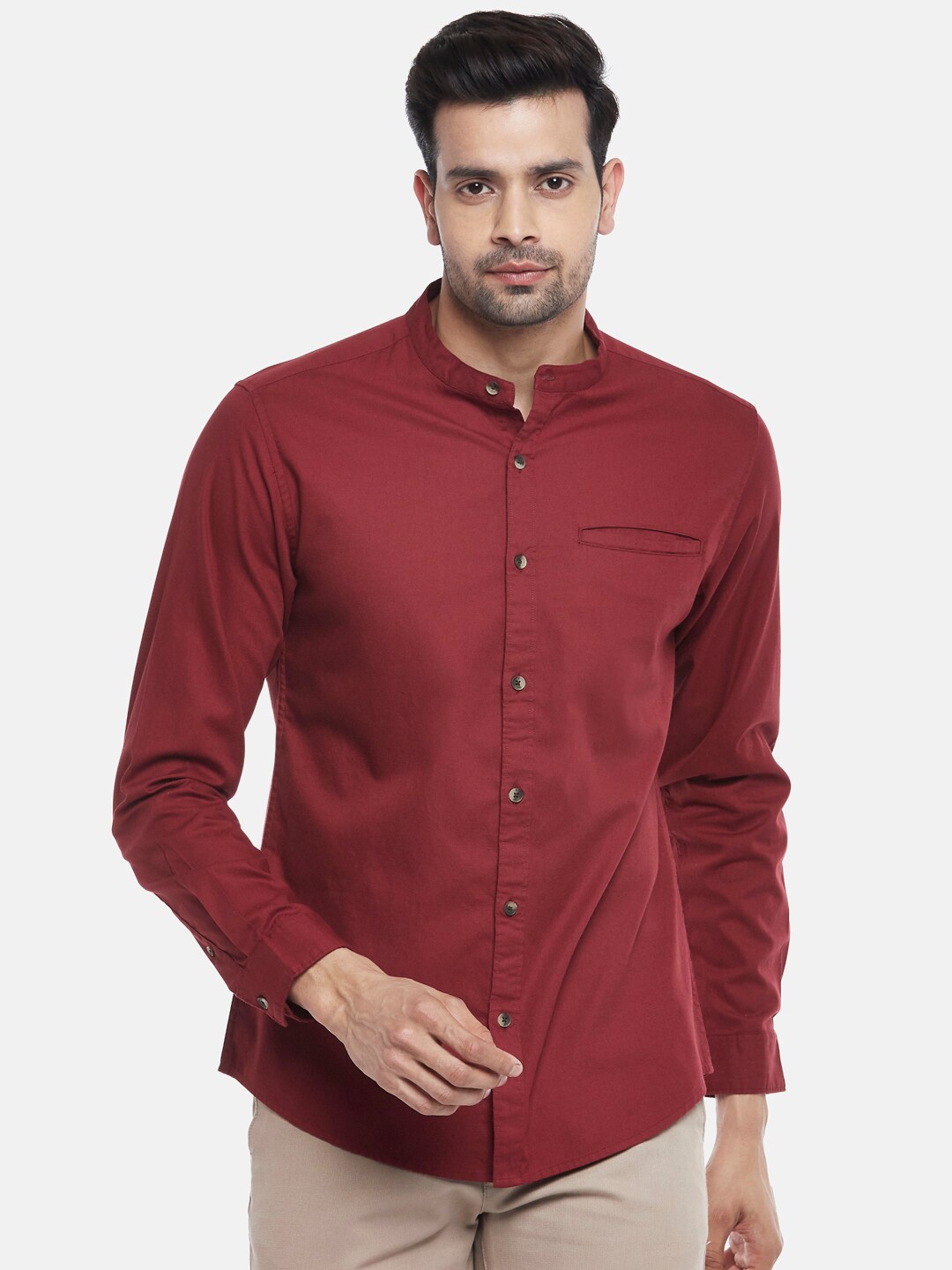 

BYFORD by Pantaloons Men Maroon Slim Fit Mandarin Collar Pure Cotton Casual Shirt