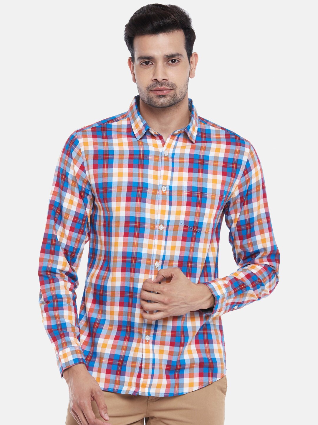 

BYFORD by Pantaloons Men Blue Slim Fit Tartan Checks Checked Pure Cotton Casual Shirt