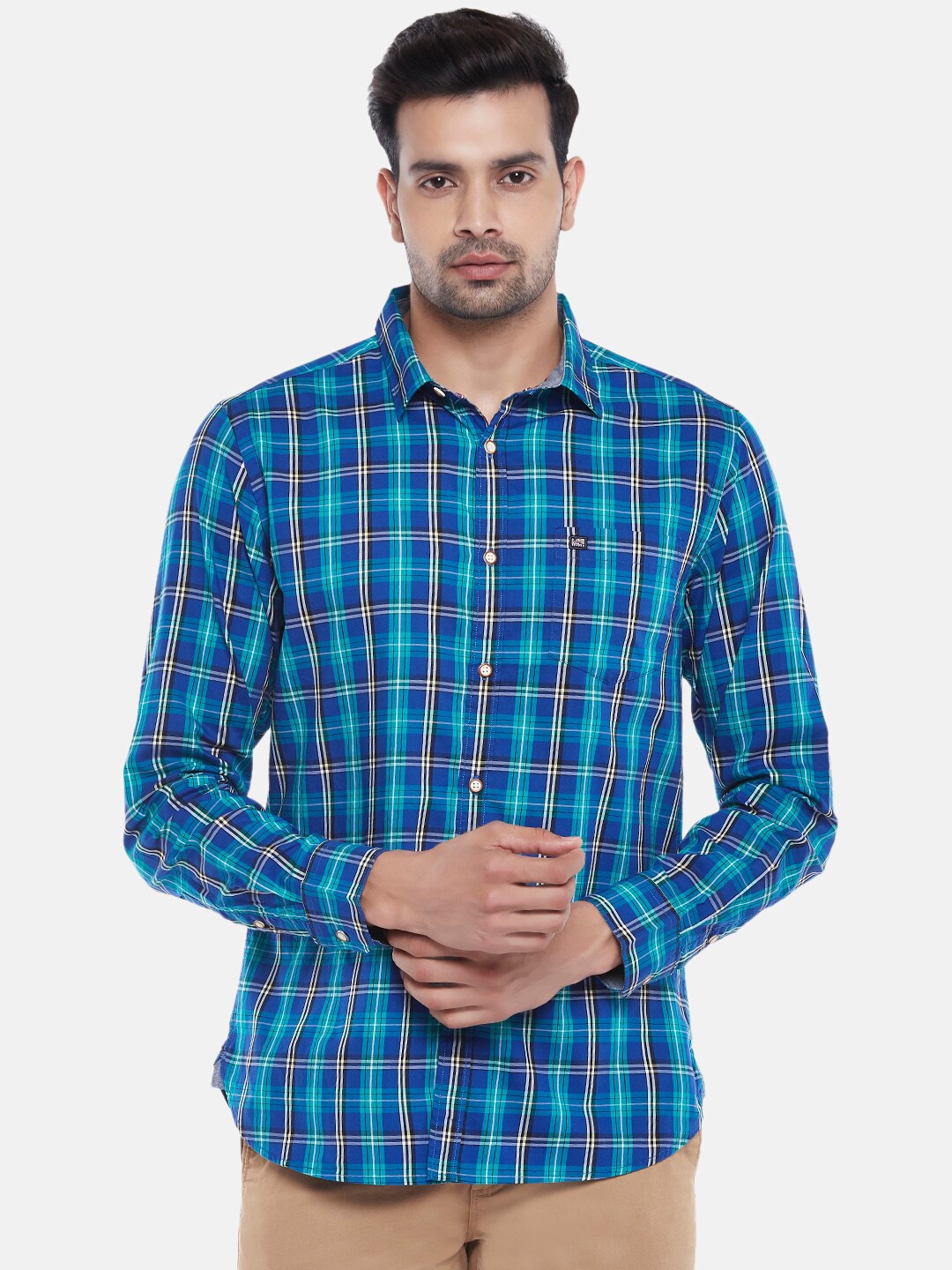 

BYFORD by Pantaloons Men Blue Slim Fit Tartan Checks Checked Pure Cotton Casual Shirt