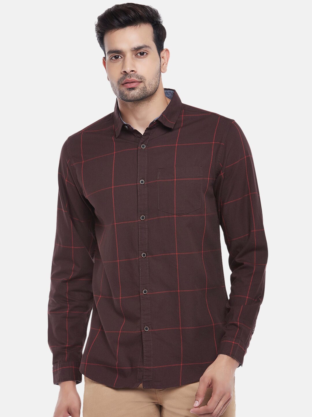 

BYFORD by Pantaloons Men Brown Slim Fit Windowpane Checked Cotton Casual Shirt