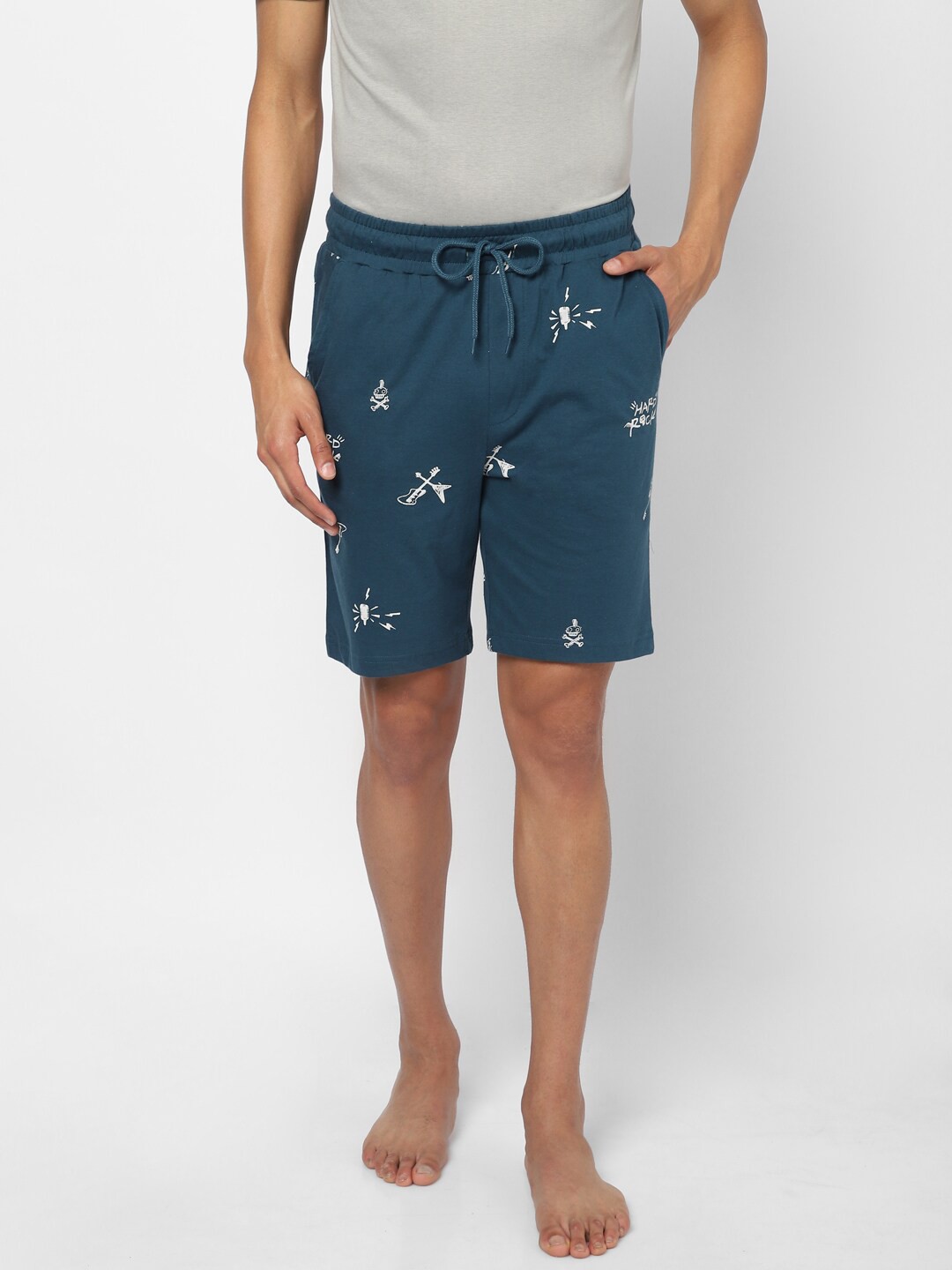 

Ajile by Pantaloons Men Teal & White Printed Pure Cotton Lounge Shorts