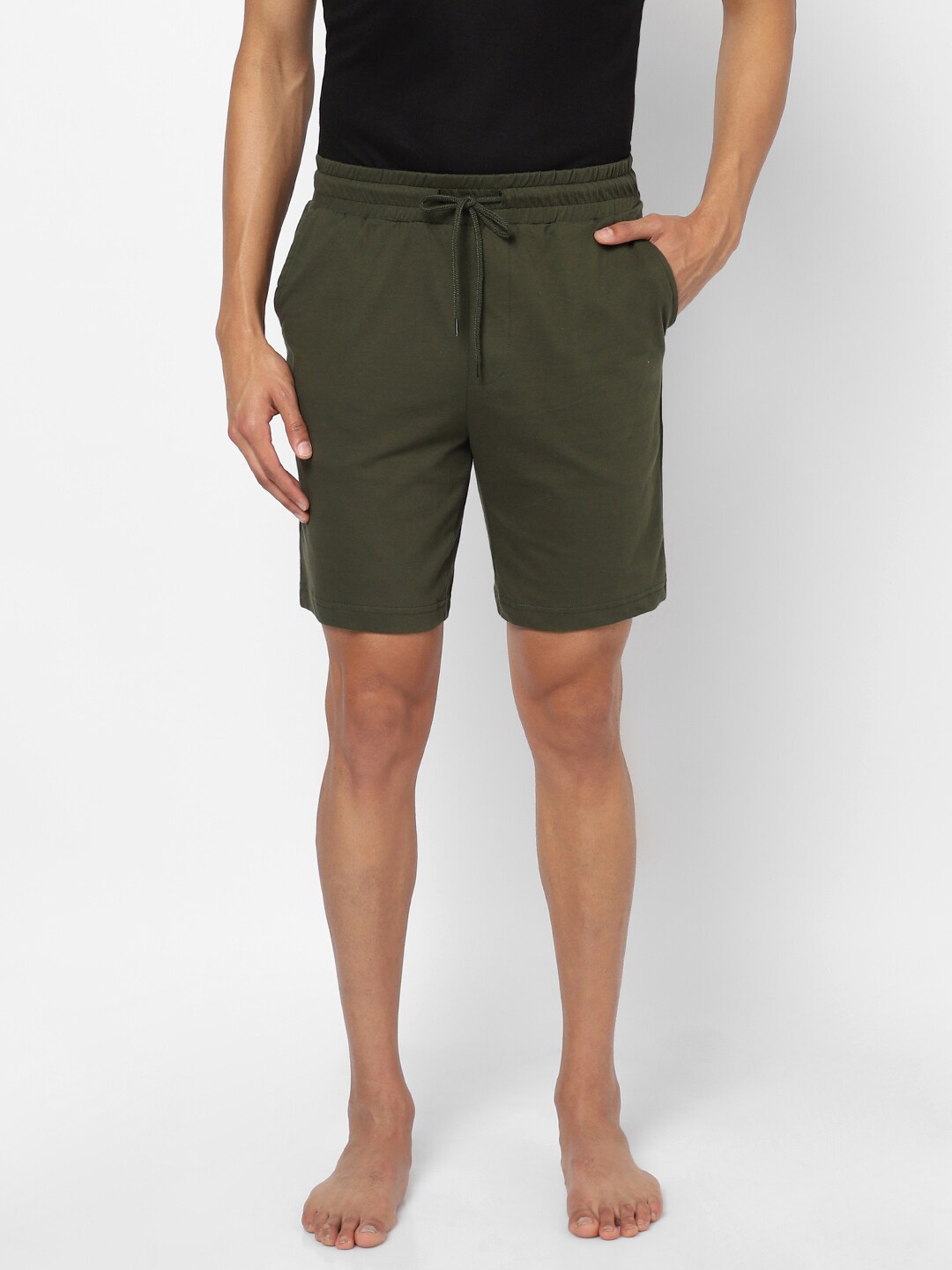 

Ajile by Pantaloons Men Olive Green Solid Cotton Lounge Shorts