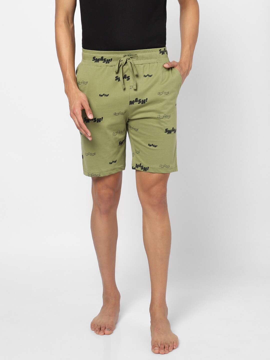

Ajile by Pantaloons Men Olive Printed Mid-Rise Pure Cotton Lounge Shorts