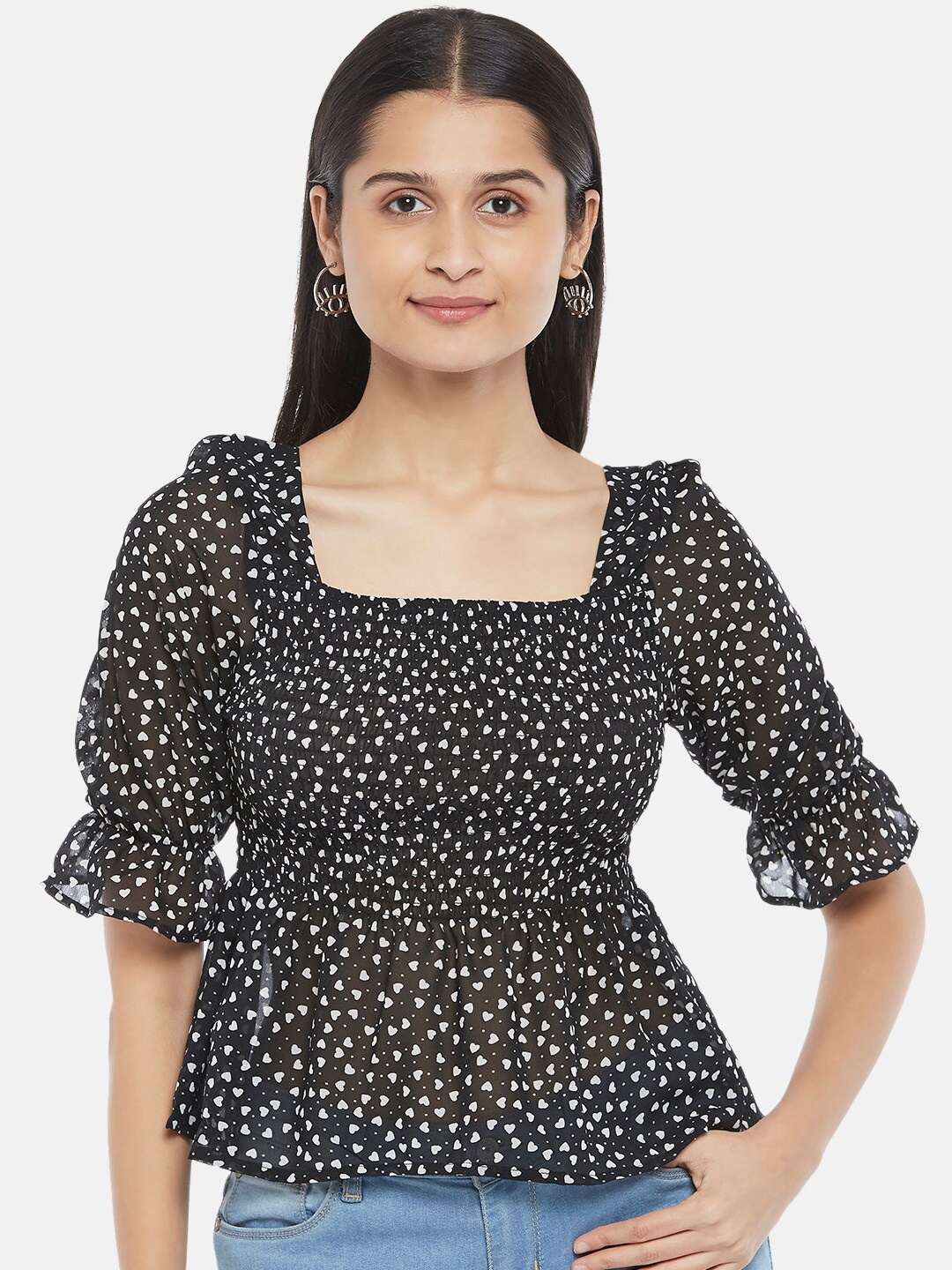 

People Black Geometric Print Peplum Crop Top
