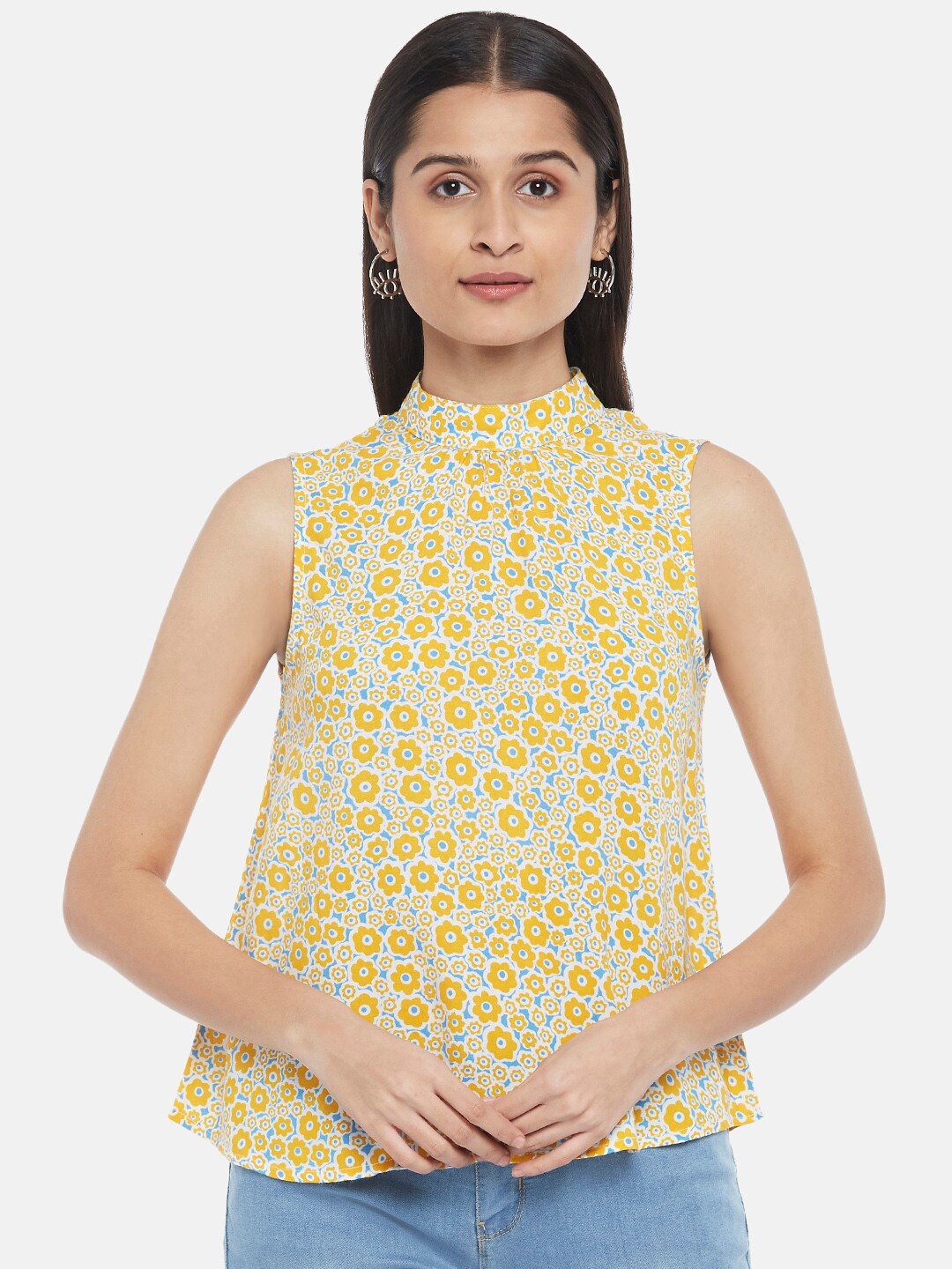 

People Women Yellow & Off White Floral Print Mandarin Collar Rayon Top