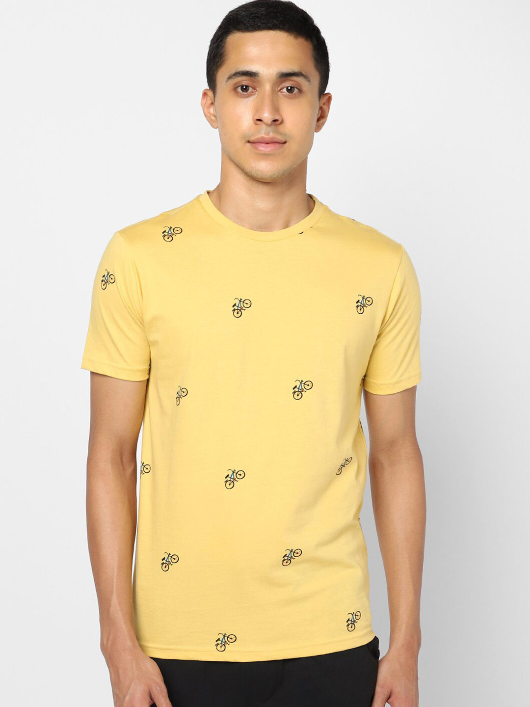 

Ajile by Pantaloons Men Mustard Yellow Printed Slim Fit Pure Cotton Lounge T Shirt