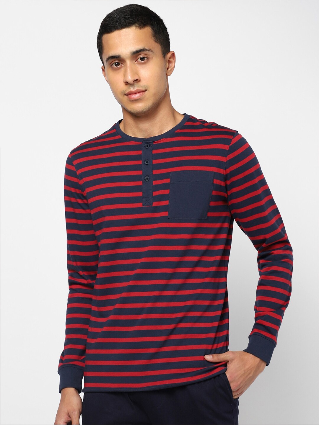 

Ajile by Pantaloons Men Red & Navy Blue Striped Henley Neck Slim Fit Cotton T-shirt