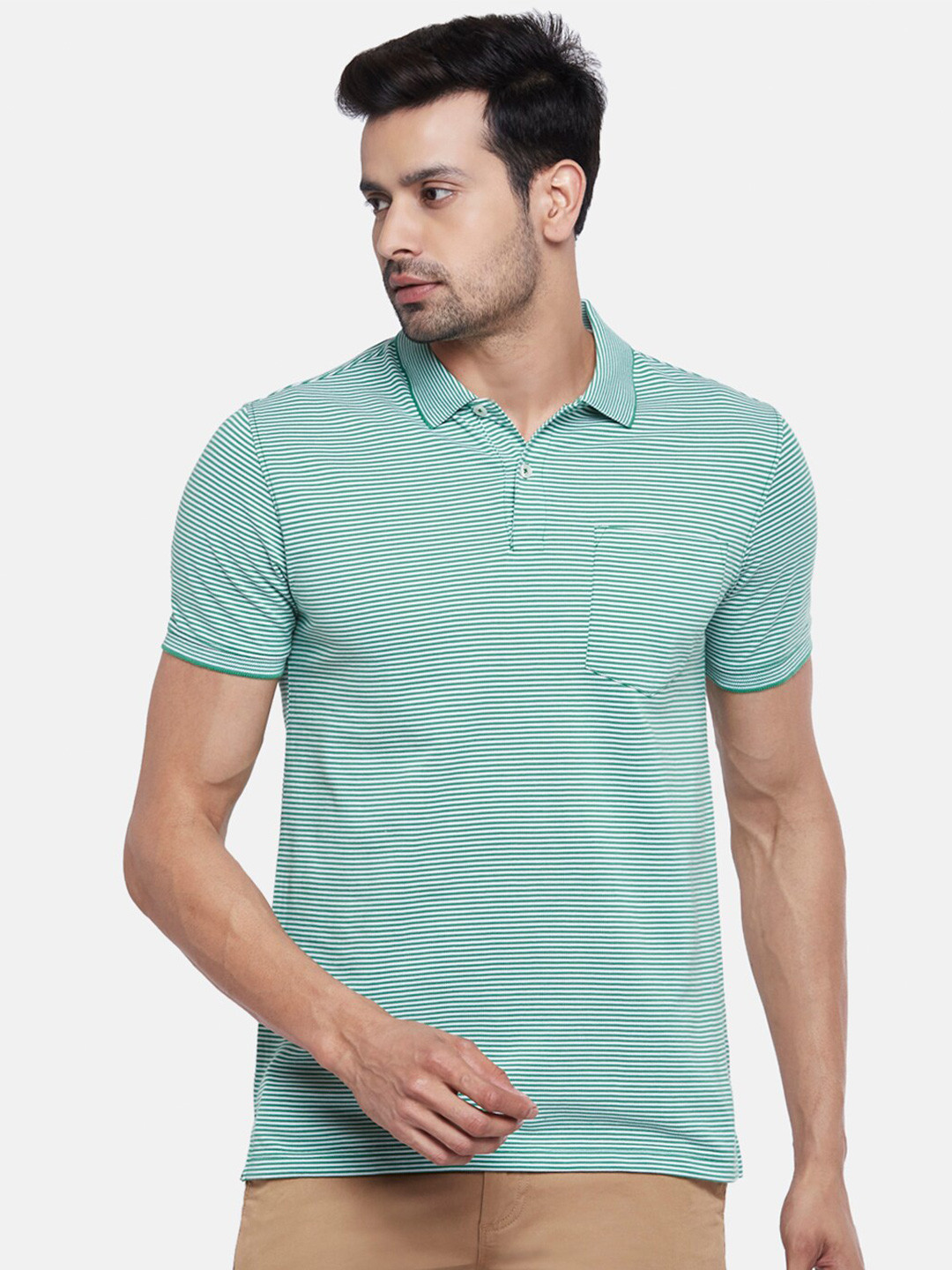 

BYFORD by Pantaloons Men Green Striped Polo Collar Slim Fit Cotton T-shirt