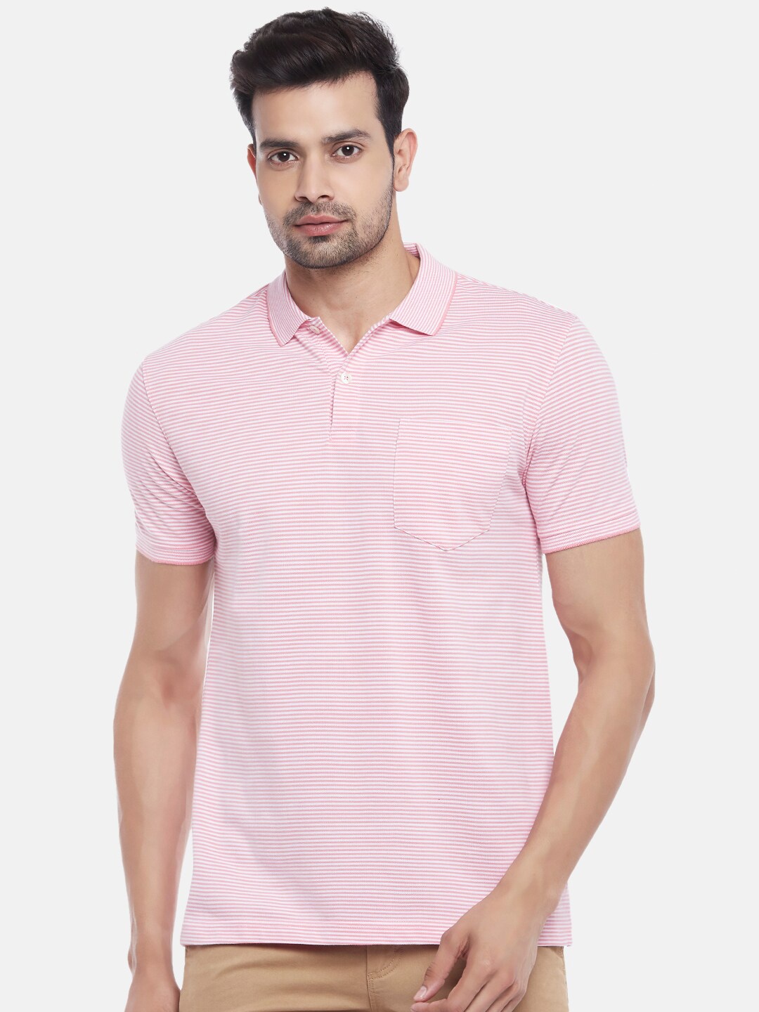 

BYFORD by Pantaloons Men Pink Striped Polo Collar Slim Fit T-shirt