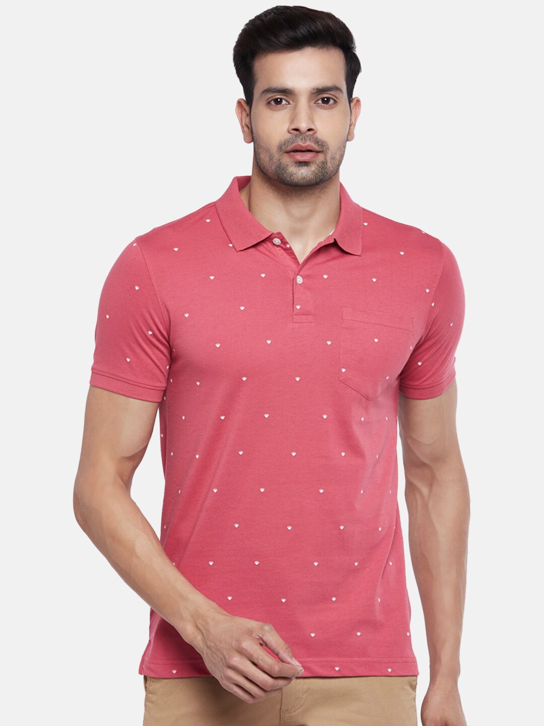 

BYFORD by Pantaloons Men Coral Pink Micro Ditsy Printed Polo Collar Slim Fit T-shirt