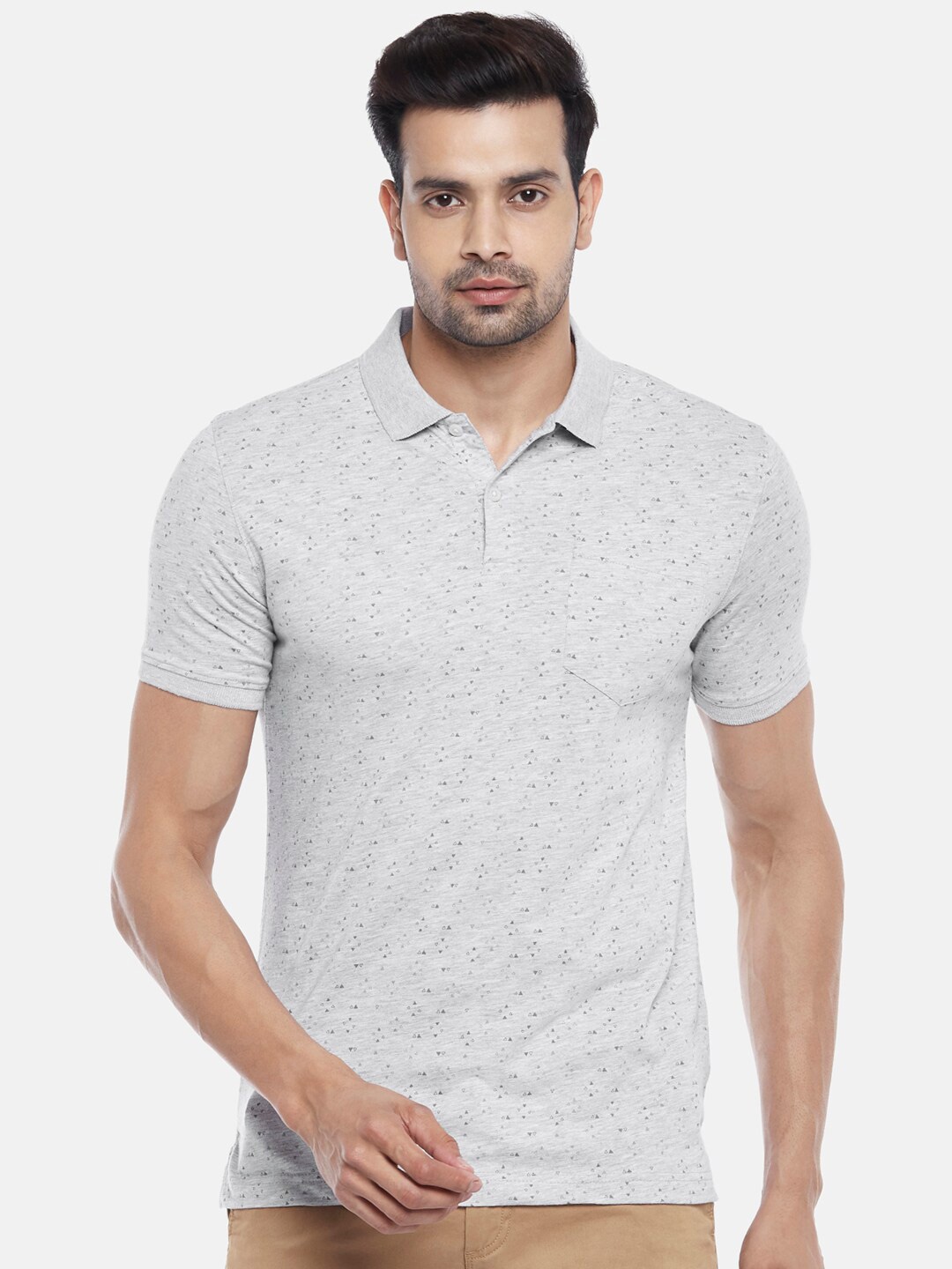 

BYFORD by Pantaloons Men Grey Melange Printed Polo Collar Slim Fit T-shirt