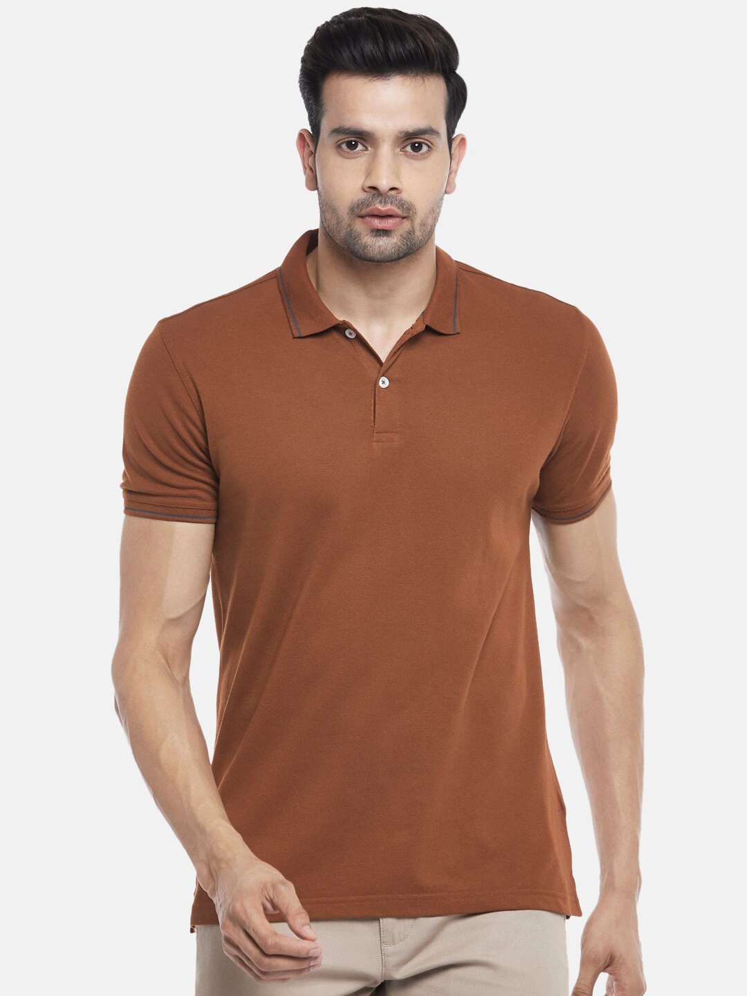 

BYFORD by Pantaloons Men Brown Solid Polo Collar Cotton T-shirt
