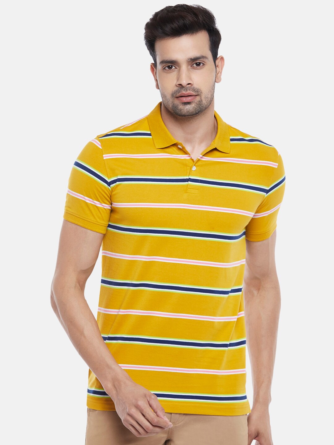 

BYFORD by Pantaloons Men Yellow & Blue Striped Polo Collar Slim Fit T-shirt