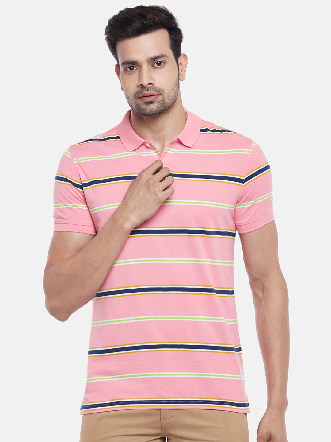 

BYFORD by Pantaloons Men Pink & Blue Striped Polo Collar Slim Fit T-shirt