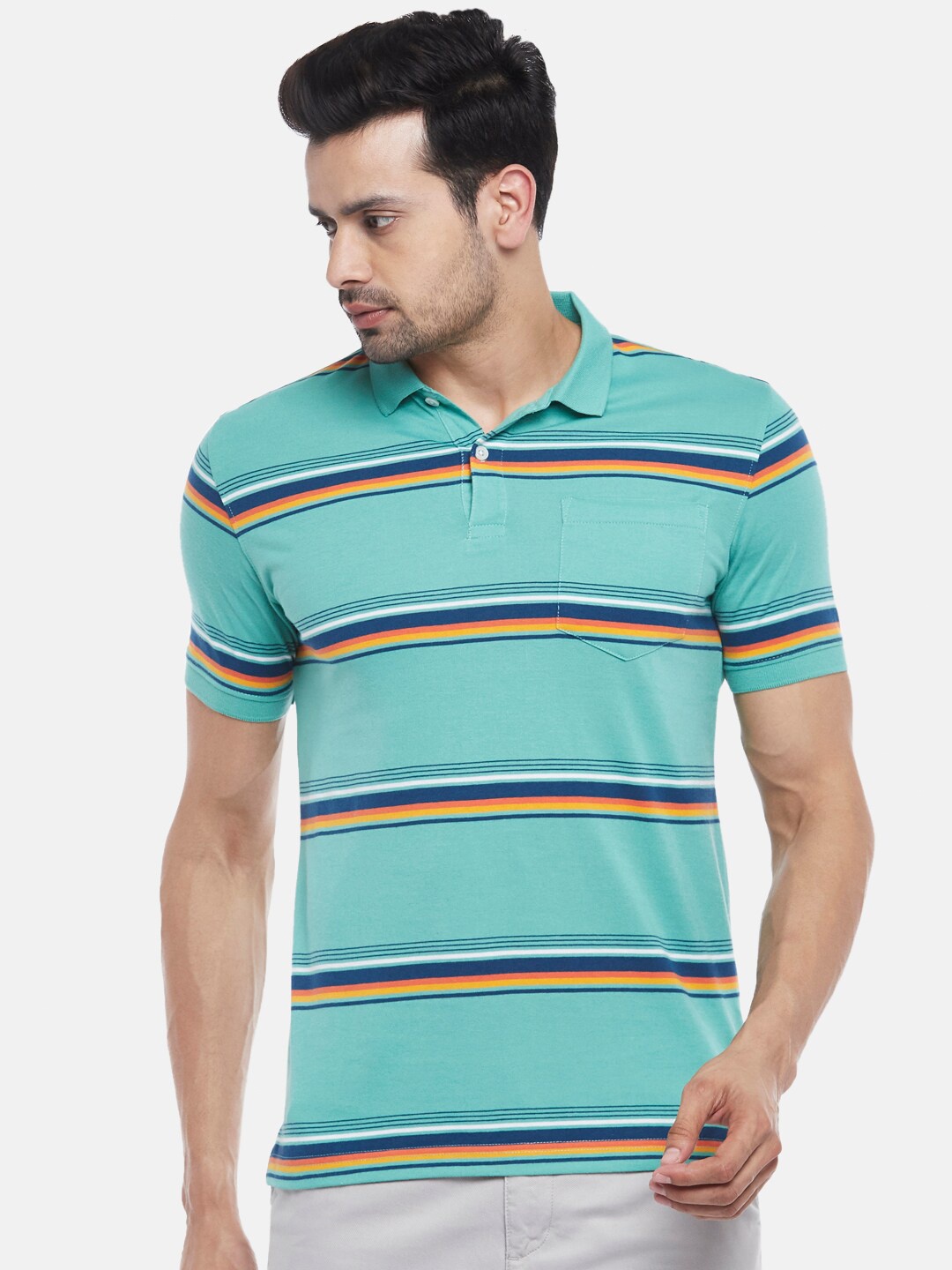 

BYFORD by Pantaloons Men Green Striped Polo Collar Slim Fit Cotton T-shirt