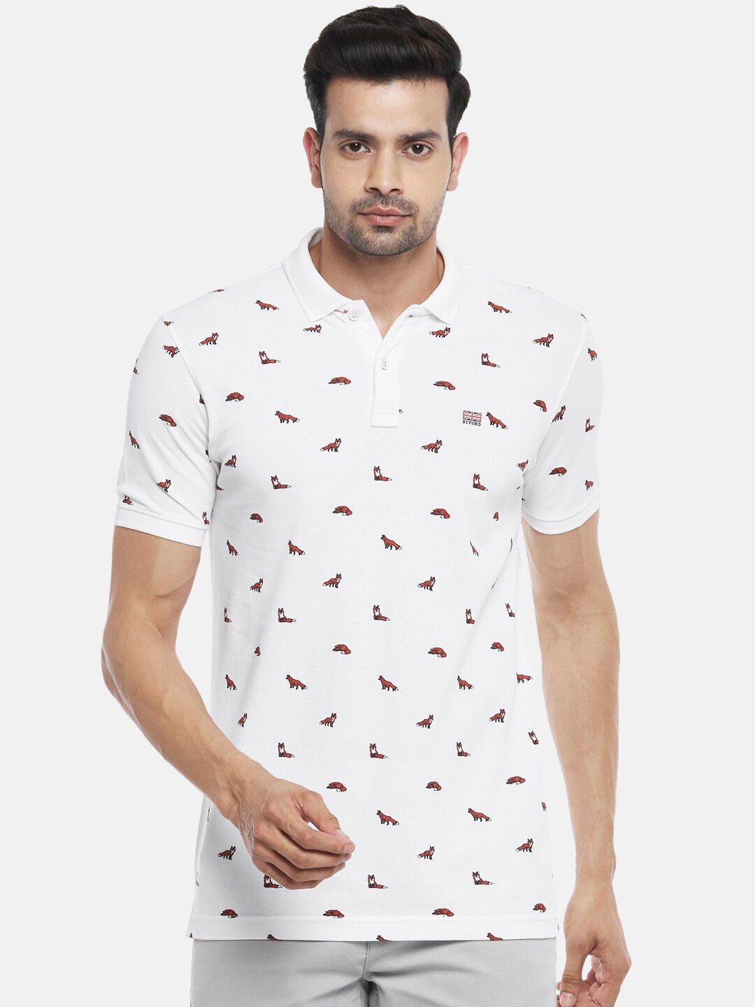 

BYFORD by Pantaloons Men White Printed Polo Collar Slim Fit T-shirt
