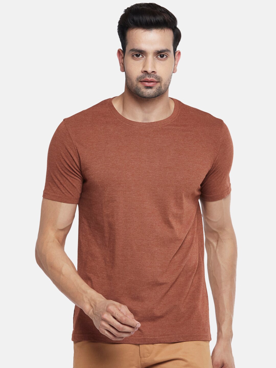 

BYFORD by Pantaloons Men Brown Solid Cotton T-shirt
