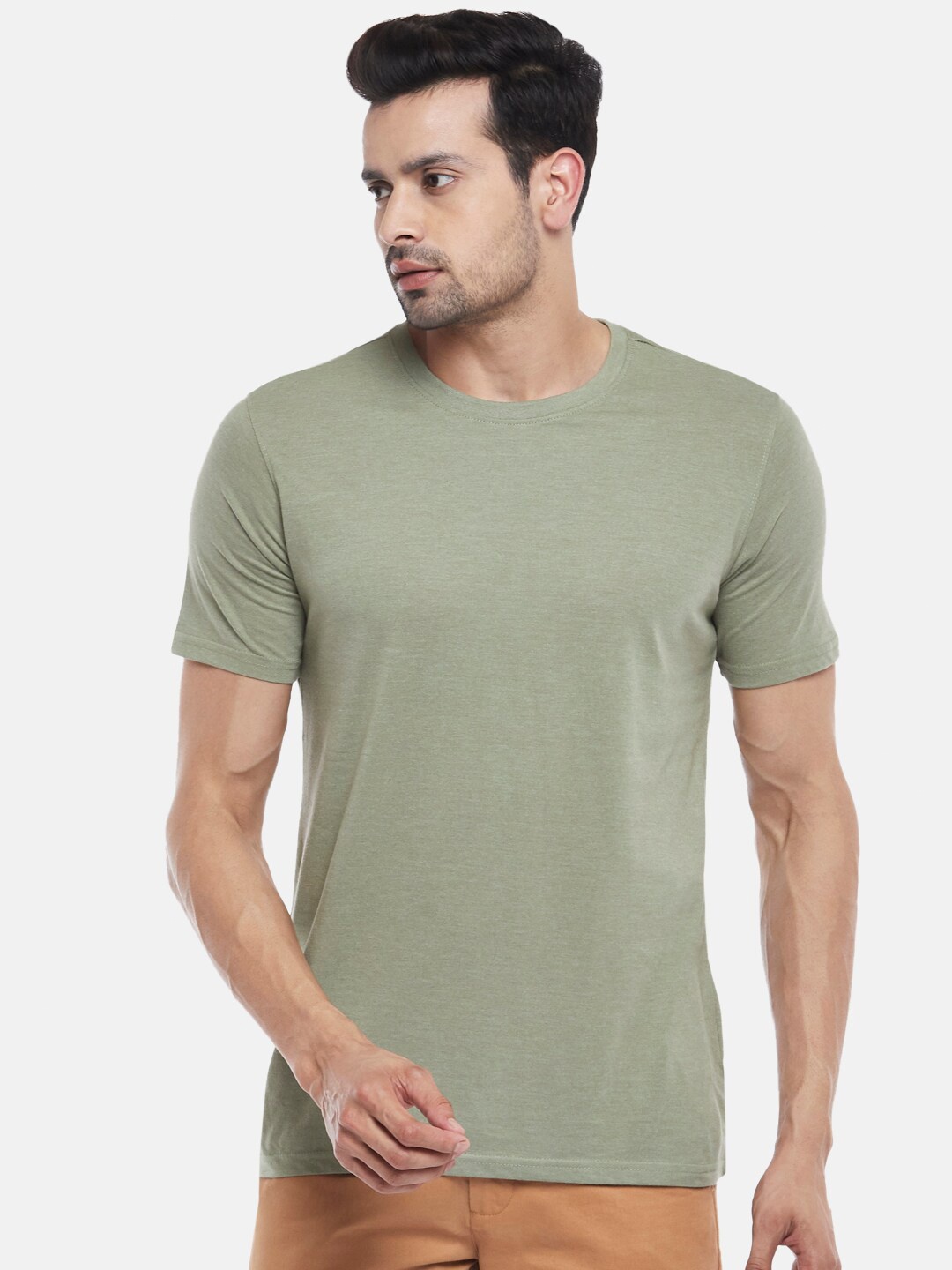 

BYFORD by Pantaloons Men Olive Green Solid Cotton T-shirt