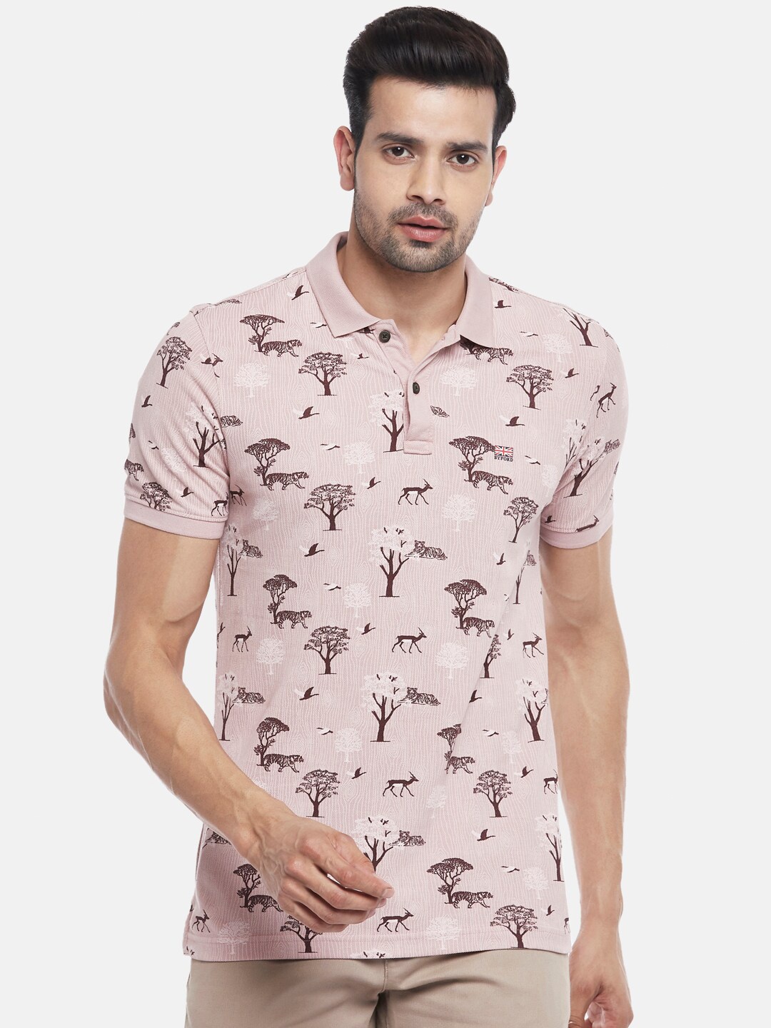 

BYFORD by Pantaloons Men Pink & Brown Printed Cotton Polo Collar T-shirt