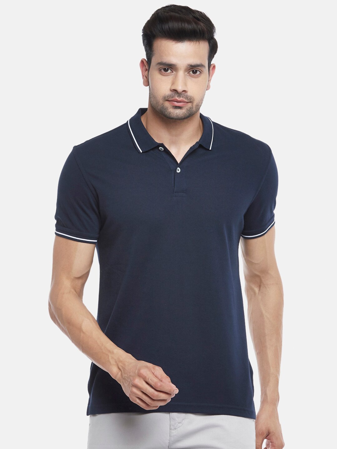 

BYFORD by Pantaloons Men Navy Blue & White Solid Polo Collar T-shirt
