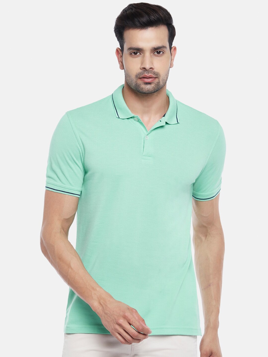 

BYFORD by Pantaloons Men Green & Navy Blue Solid Polo Collar T-shirt