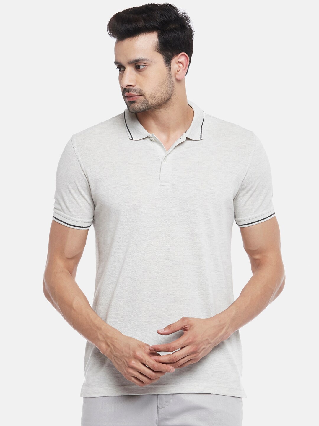

BYFORD by Pantaloons Men Grey & Black Solid Polo Collar T-shirt