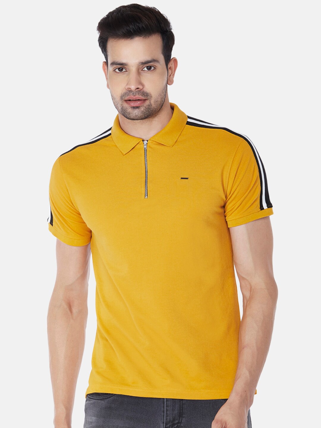 

People Men Mustard Yellow & Black Striped Polo Collar T-shirt
