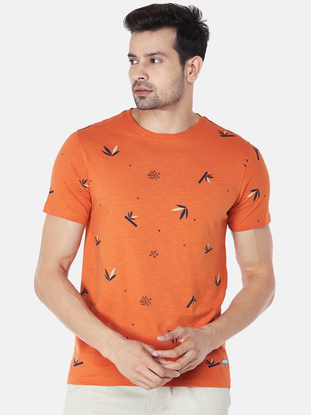 

Urban Ranger by pantaloons Men Orange & Navy Blue Floral Round Neck Cotton T-shirt