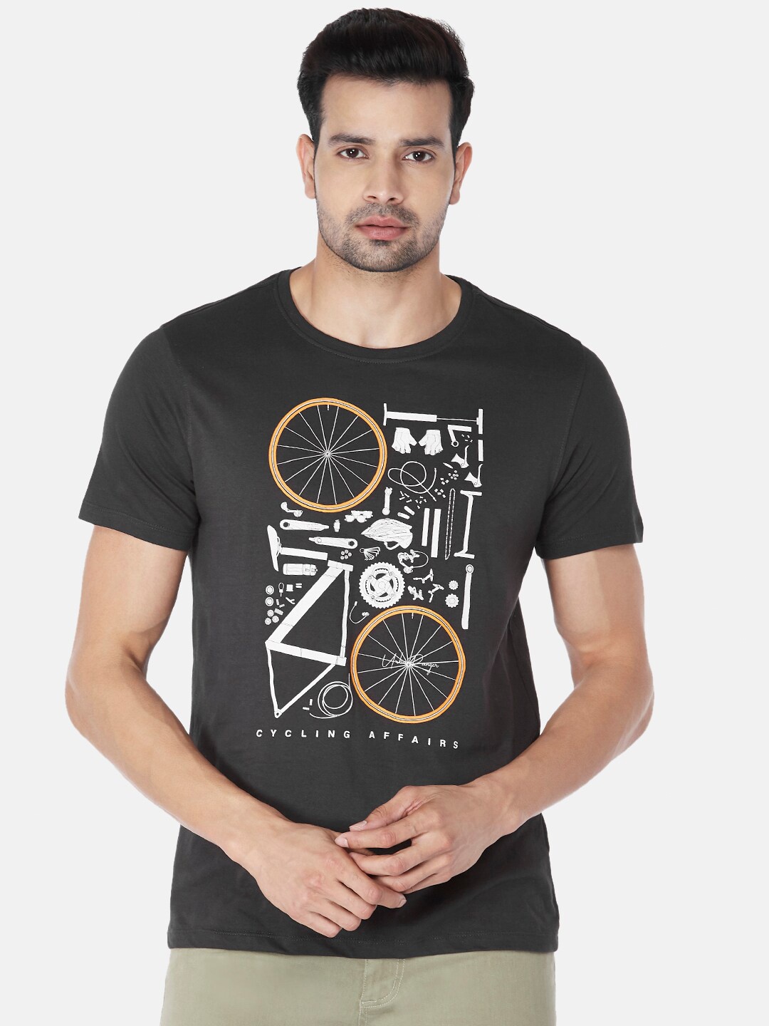 

Urban Ranger by pantaloons Men Charcoal & White Printed Slim Fit Round Neck Cotton T-shirt