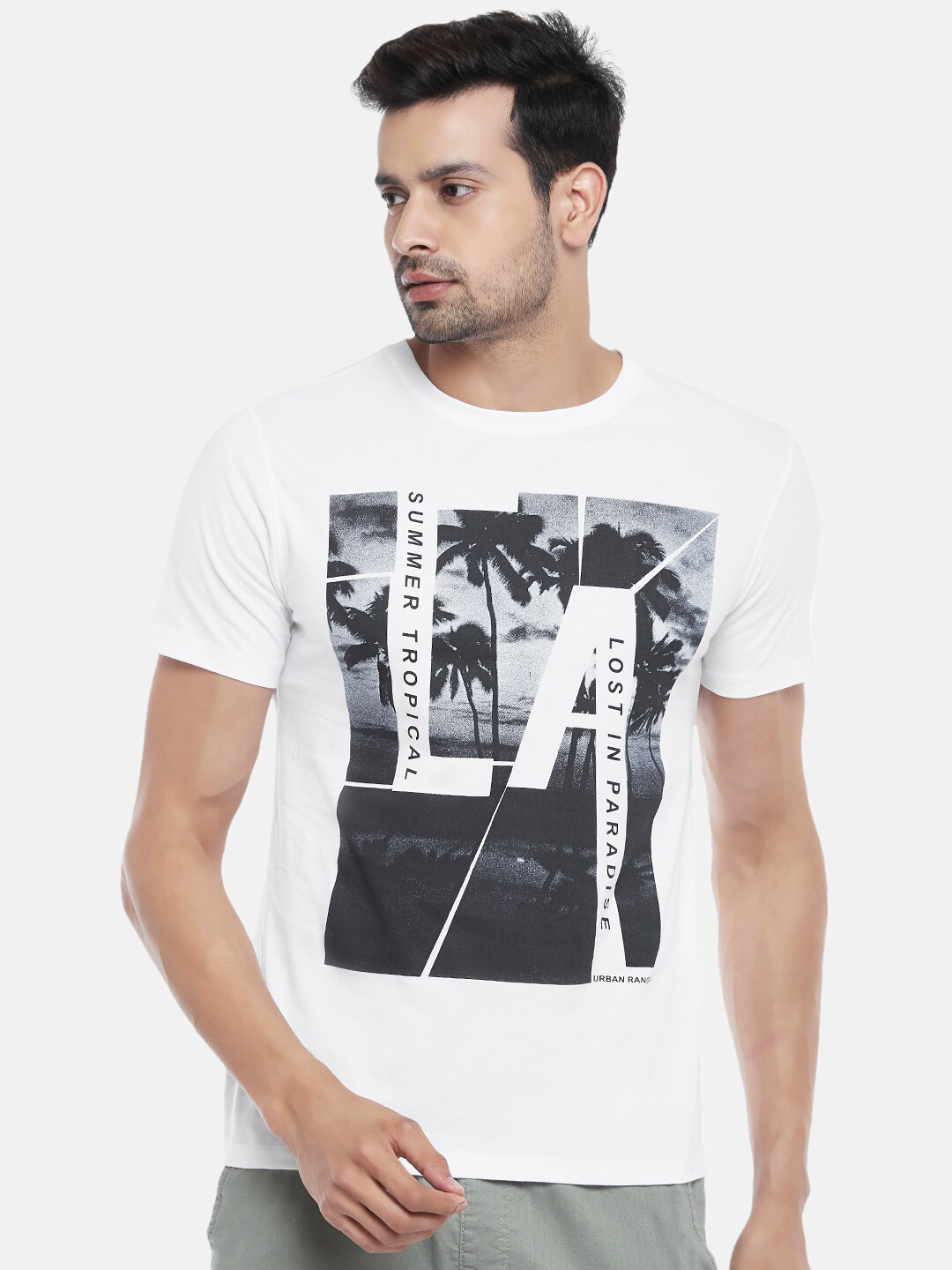 

Urban Ranger by pantaloons Men White & Grey Printed Slim Fit Round Neck Cotton T-shirt