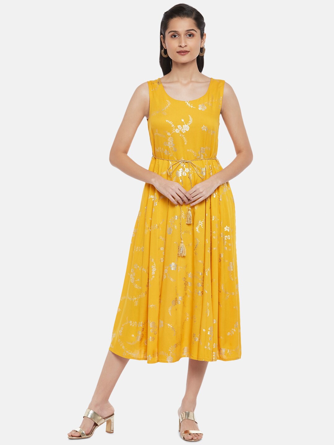 

AKKRITI BY PANTALOONS Women Mustard Yellow & Silver-Toned Floral Fit & Flare Dress