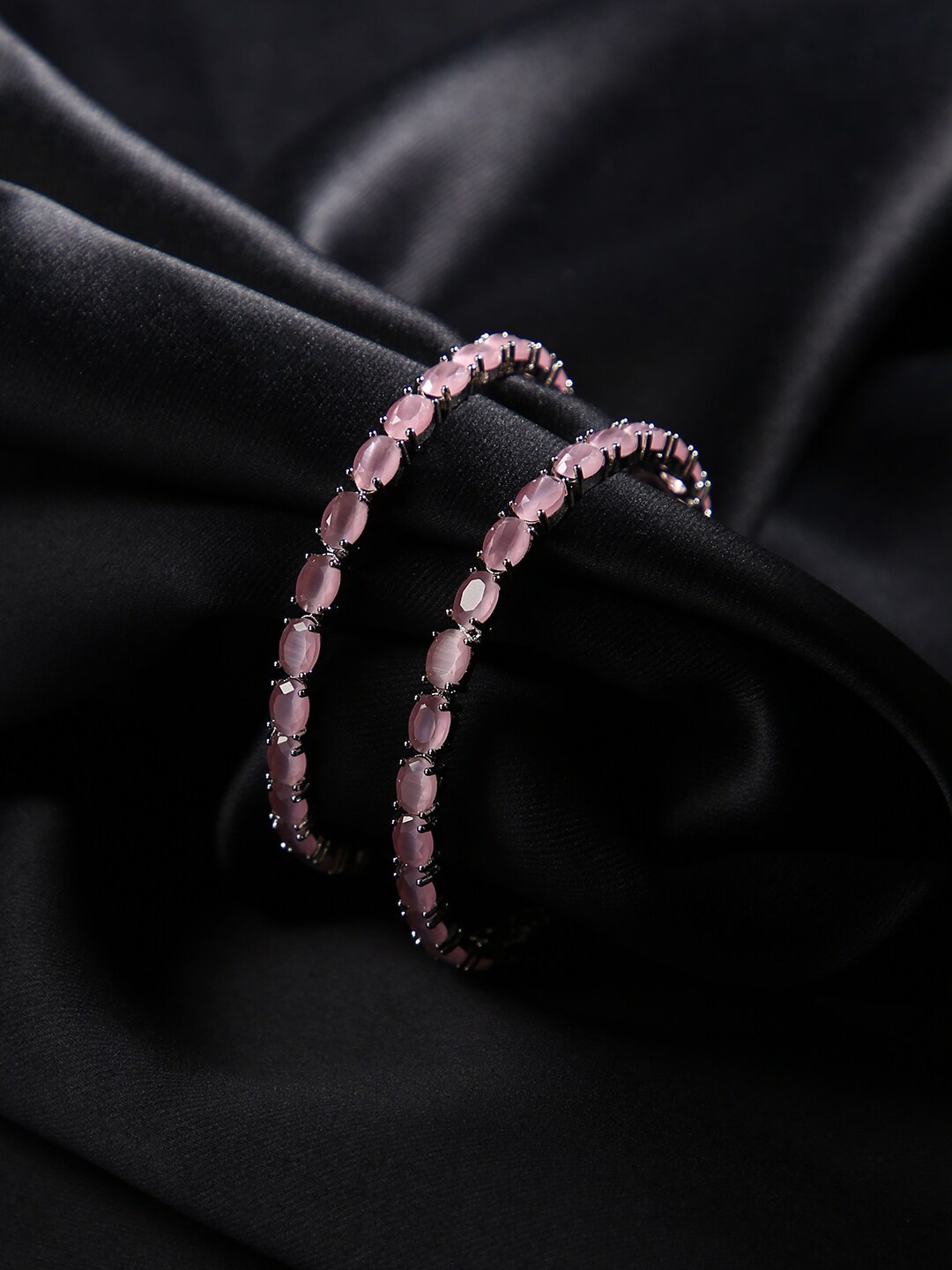 

justpeachy Set Of 2 Silver-Plated & Pink Stone-Studded Bangles