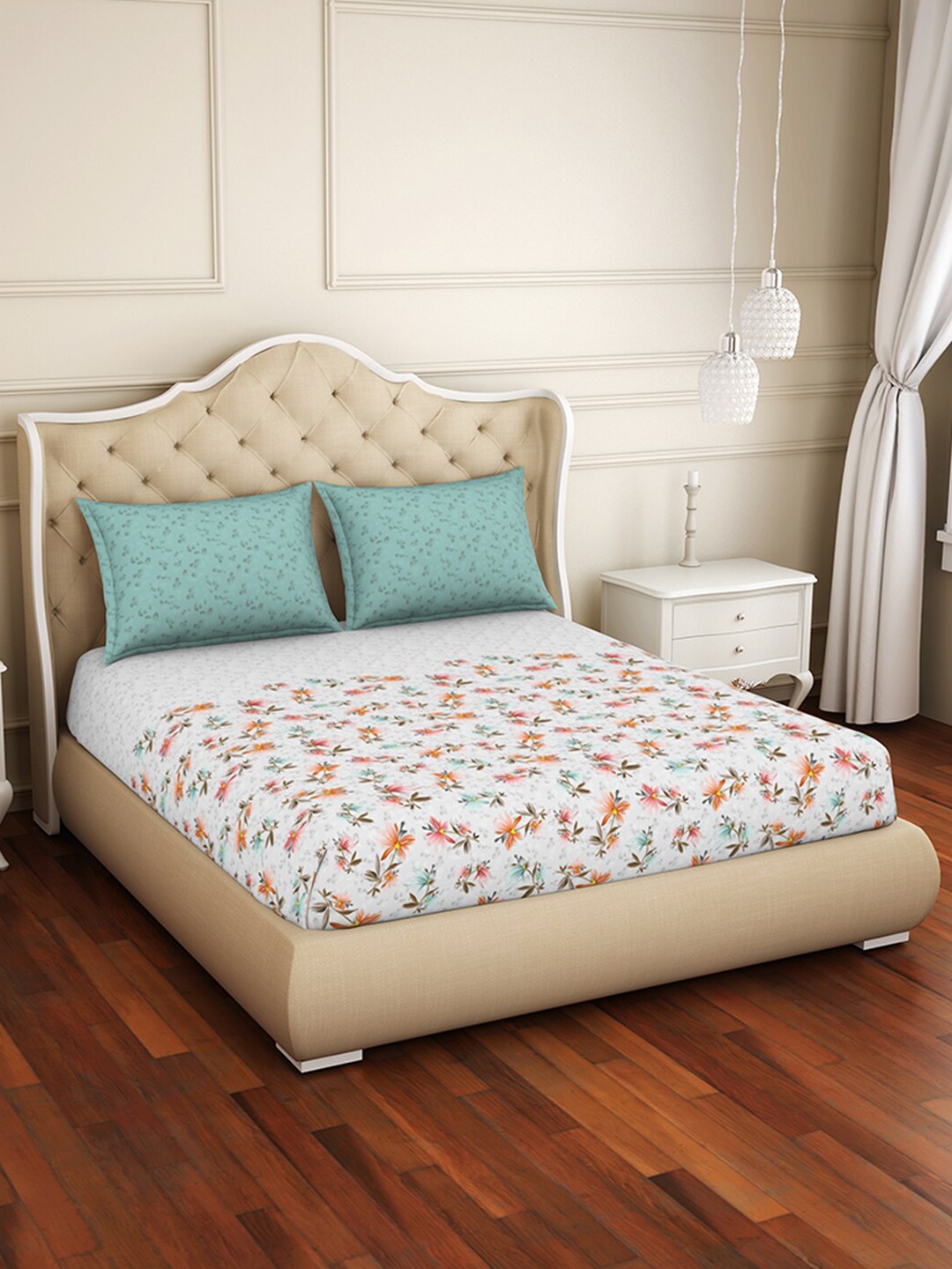 

Welspun Sea Green & White 144 TC King Floral Cotton Bed Sheet with 2 Pillow Covers