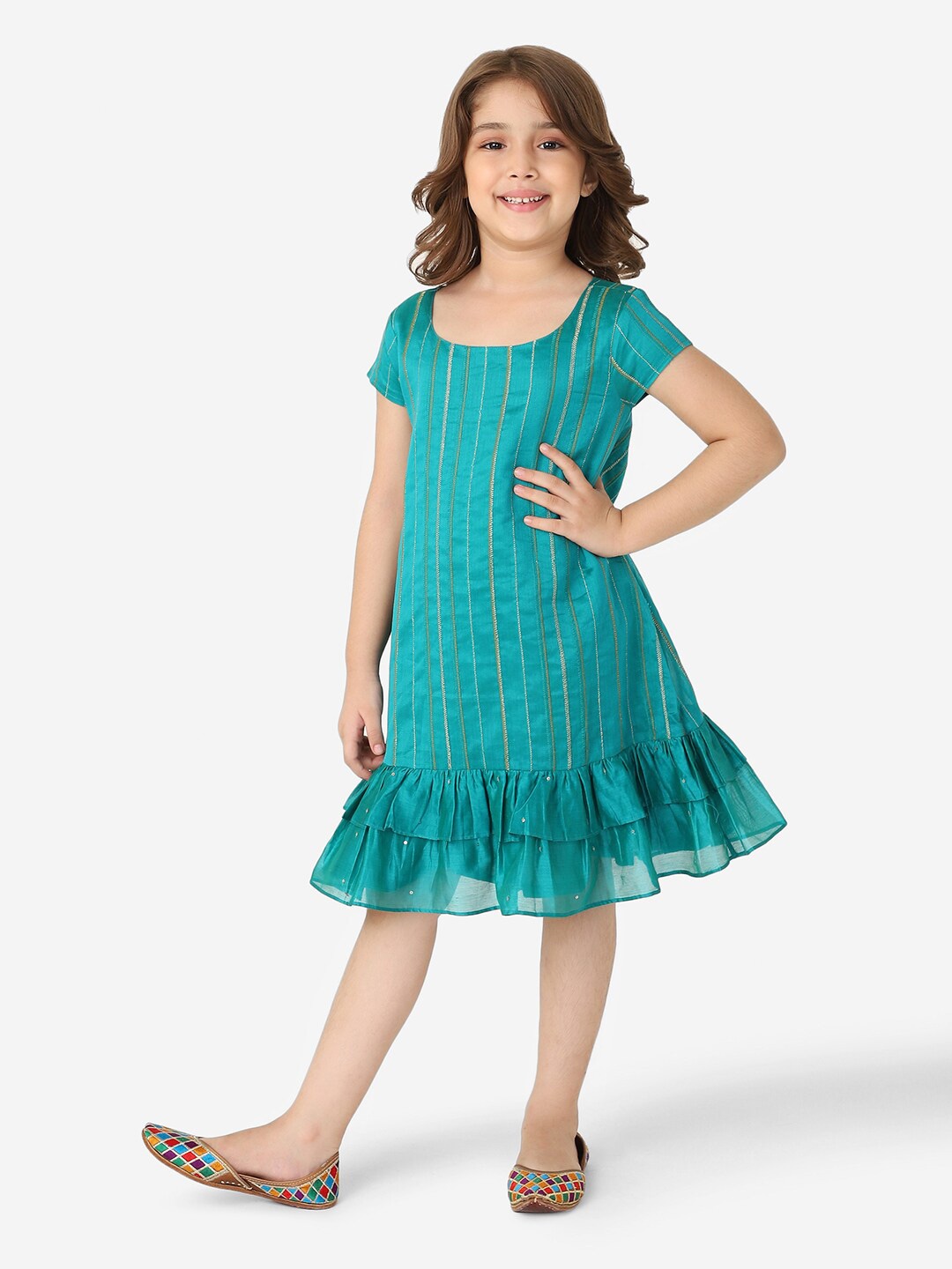 

Fabindia Teal Striped Drop-Waist Dress