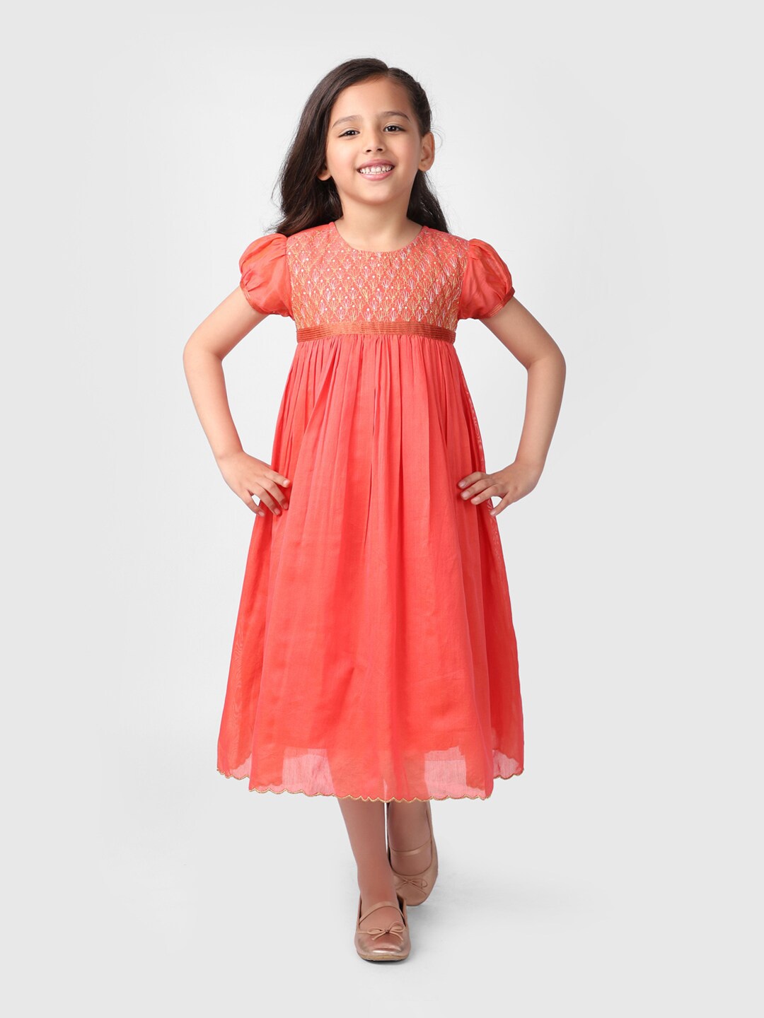 

Fabindia Girls Peach-Coloured & Gold-Toned Embroidered Cotton Silk Midi Dress