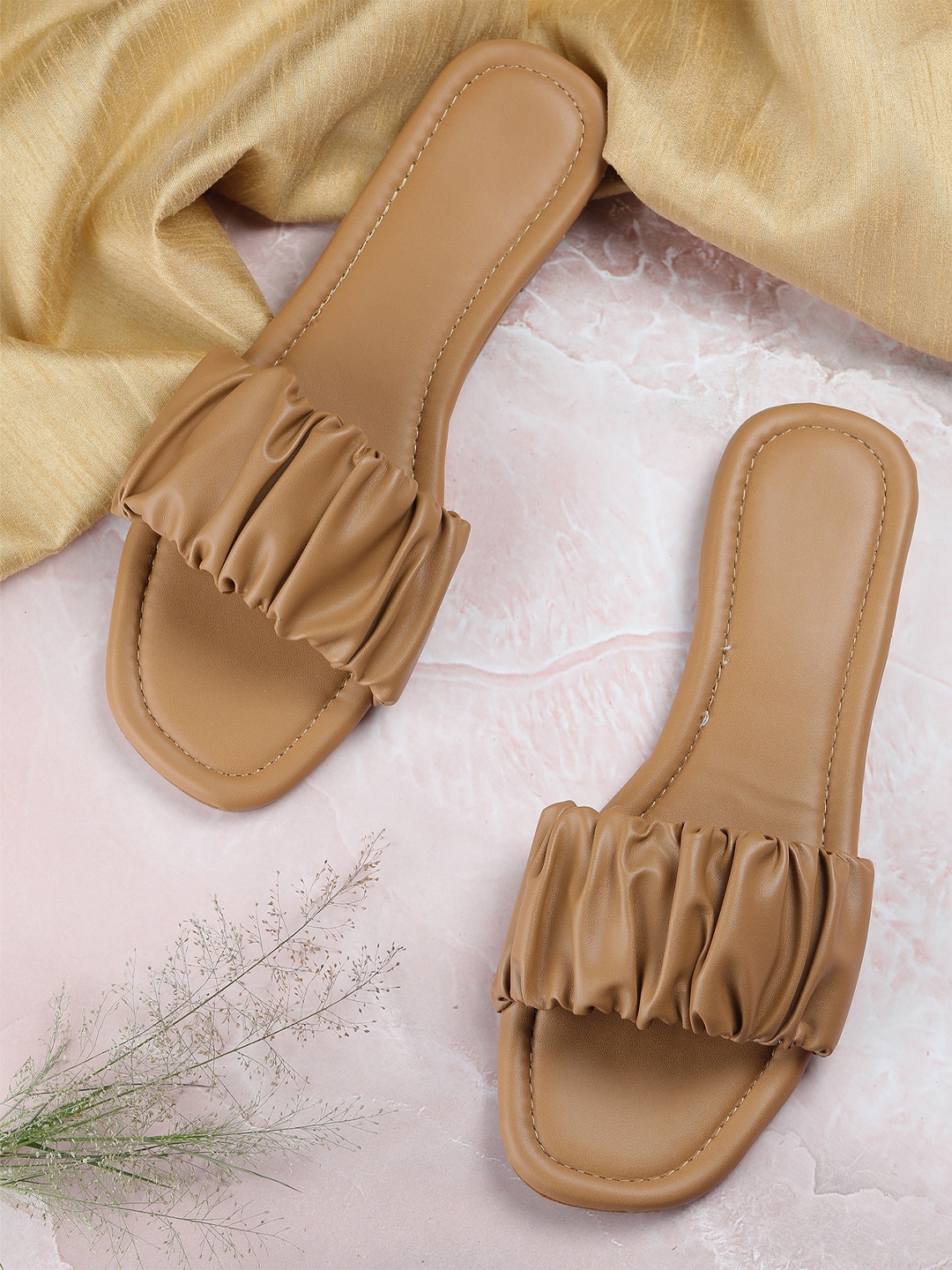 

HASTEN Women Brown Ruched Open Toe Flats