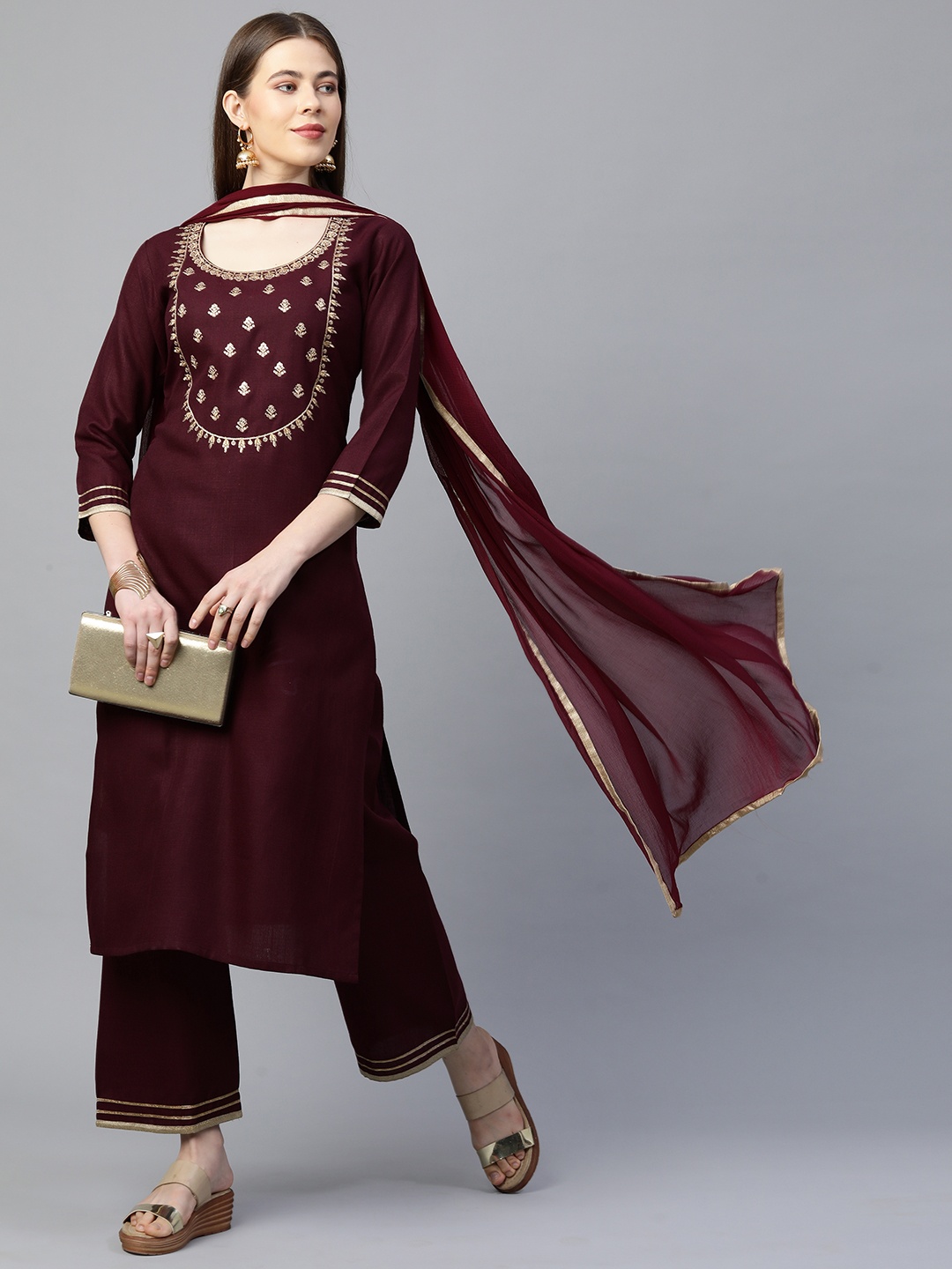 

GoSriKi Women Maroon Gotta Patti Embroidered Kurta with Palazzos & Dupatta