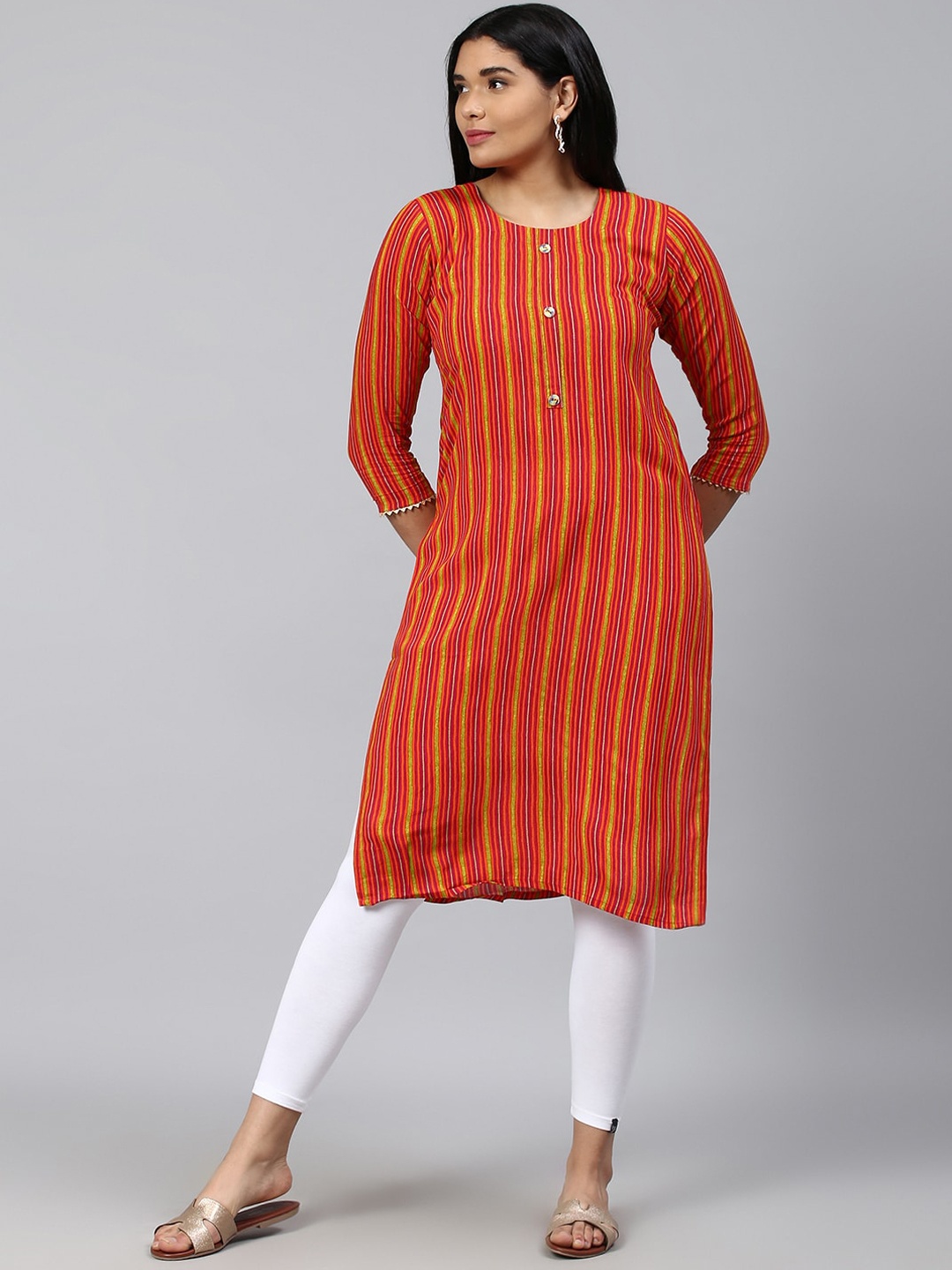 

TRUNDZ Women Orange Striped Keyhole Neck Flared Sleeves Thread Work Kurta