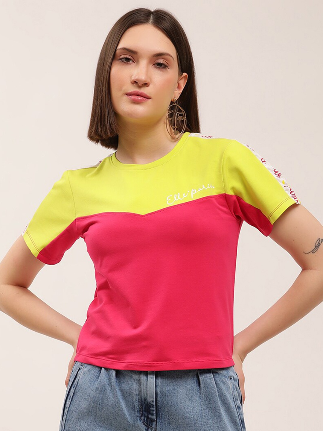 

ELLE Women Pink & Yellow Colourblocked Cotton T-shirt