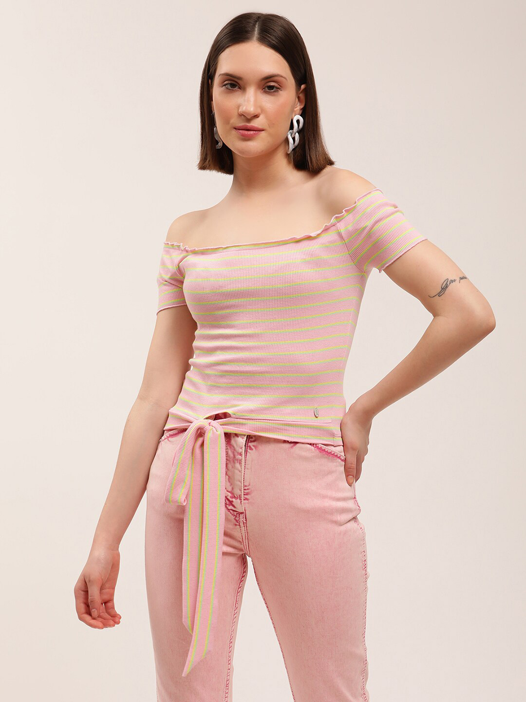 

ELLE Pink Women Striped Off-Shoulder Cotton Top
