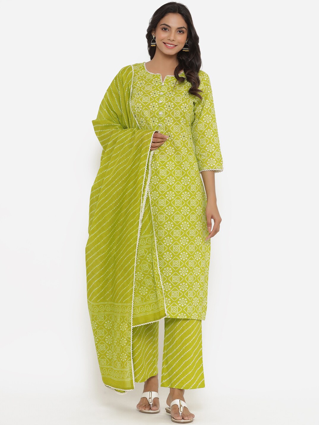 

Do Dhaage Women Green Ethnic Motifs Printed Pure Cotton Kurta Palazzos & With Dupatta