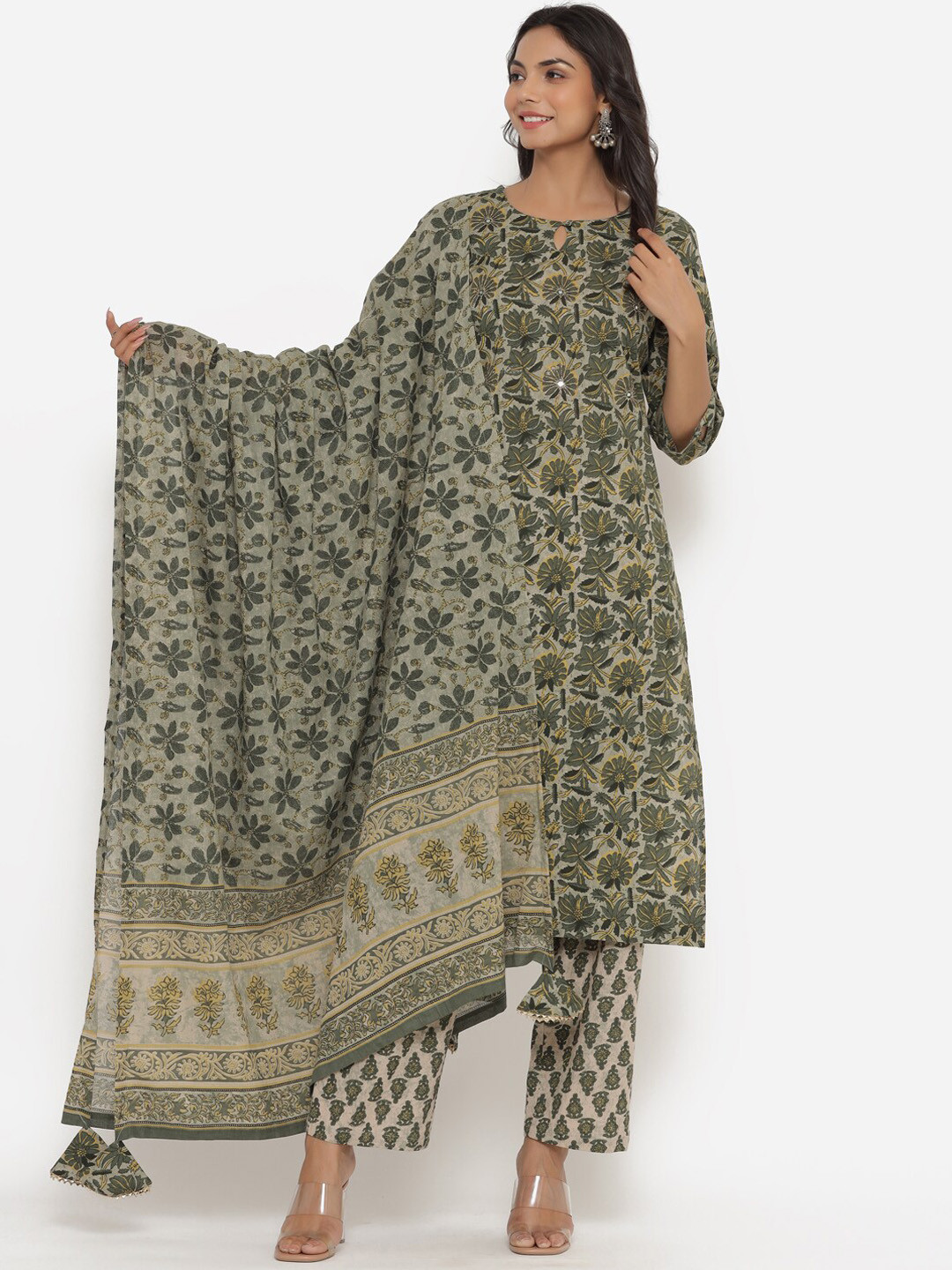 

Do Dhaage Women Grey & Olive Green Floral Print Pure Cotton Kurta with Palazzos & Dupatta