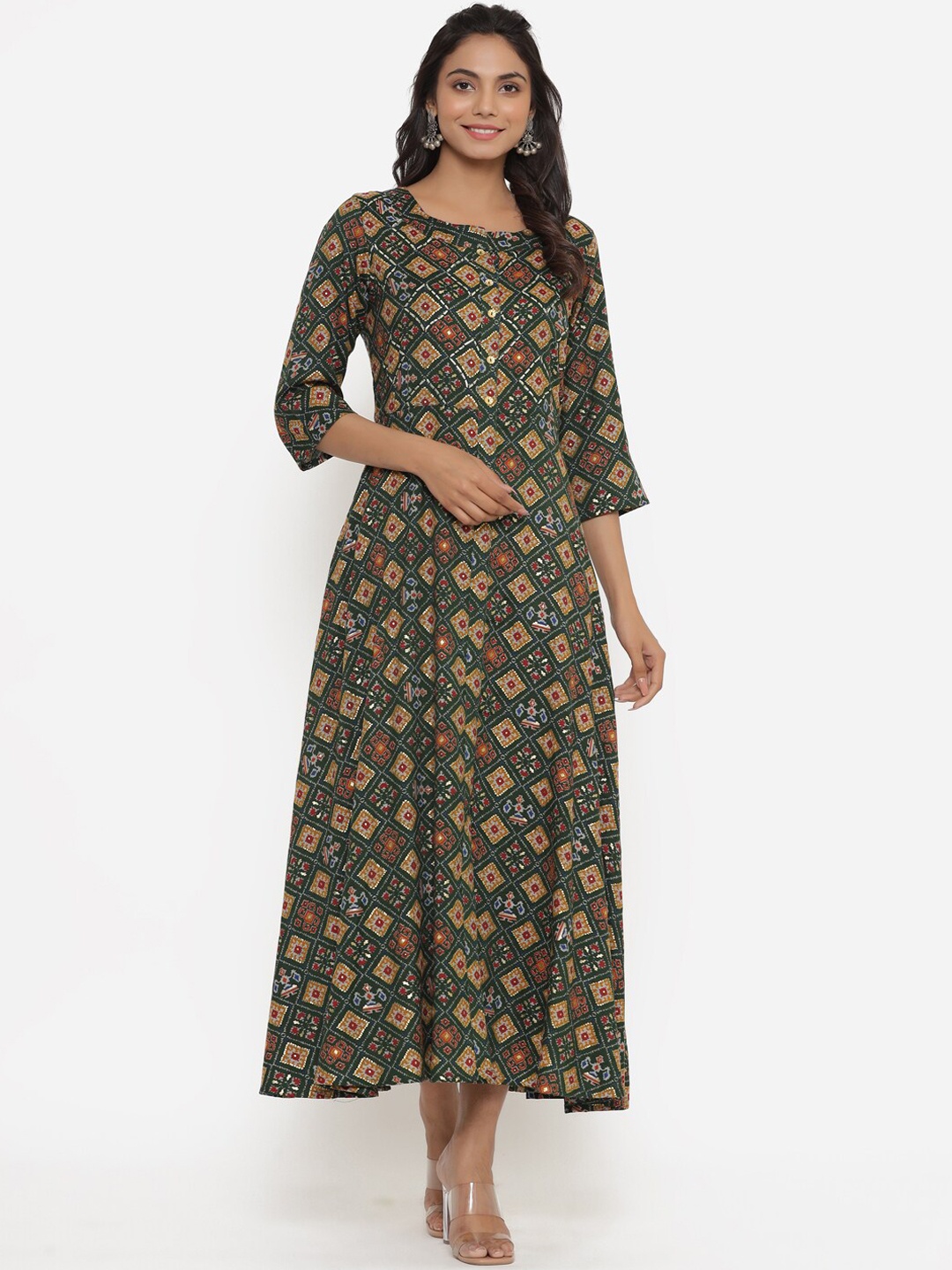

Do Dhaage Women Green Geometric Printed Flared Sleeves Thread Work Kurta