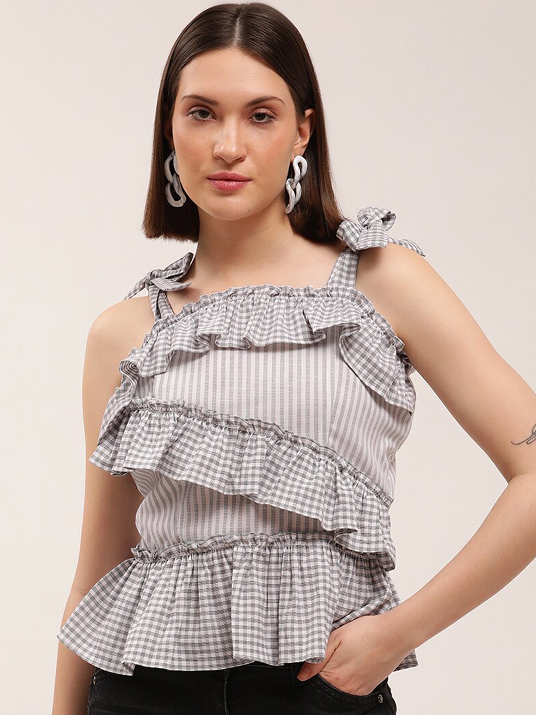 

ELLE White & Grey Striped Tiered Top