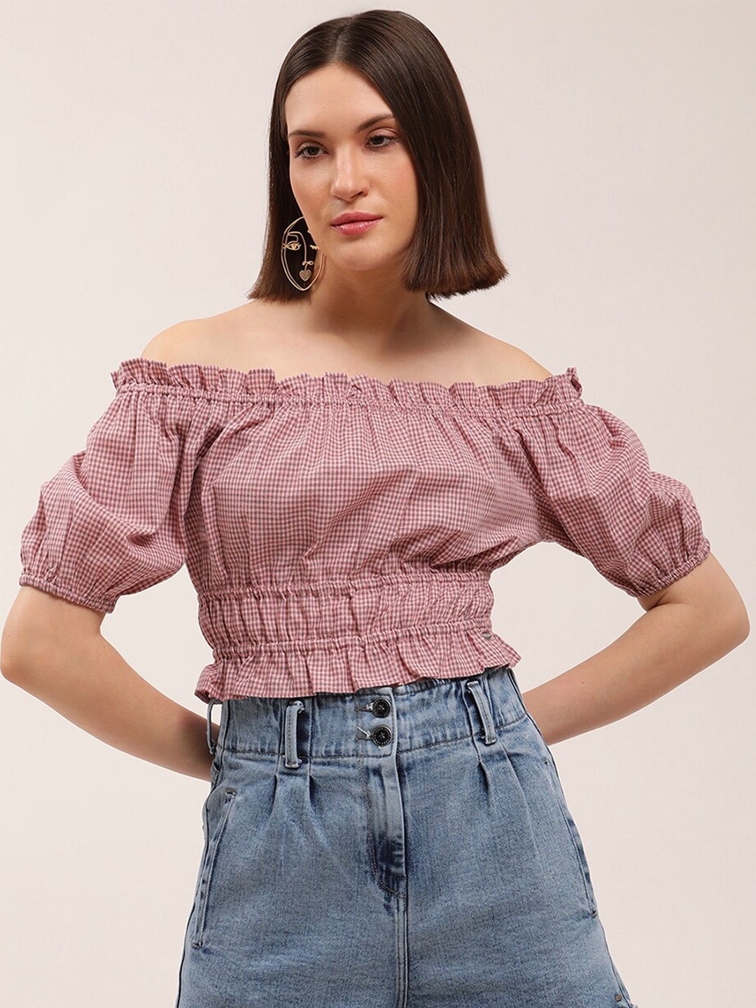 

ELLE Pink & White Checked Off-Shoulder Ruffles Pure Cotton Bardot Top