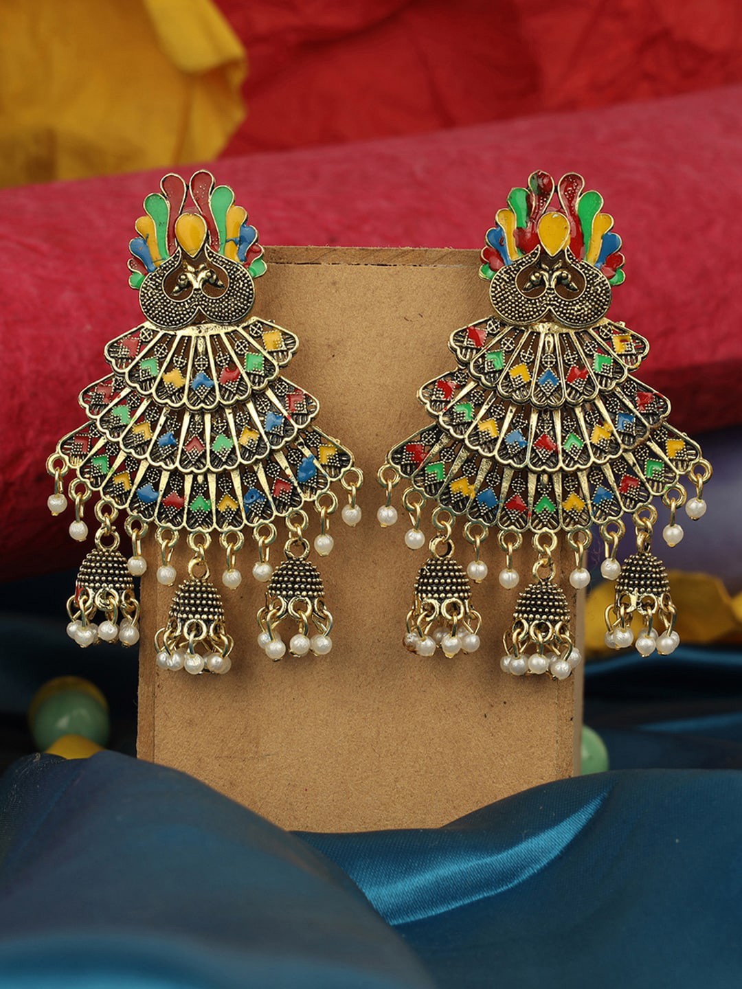 

ANIKAS CREATION Gold-Plated Yellow & Blue Contemporary Jhumkas
